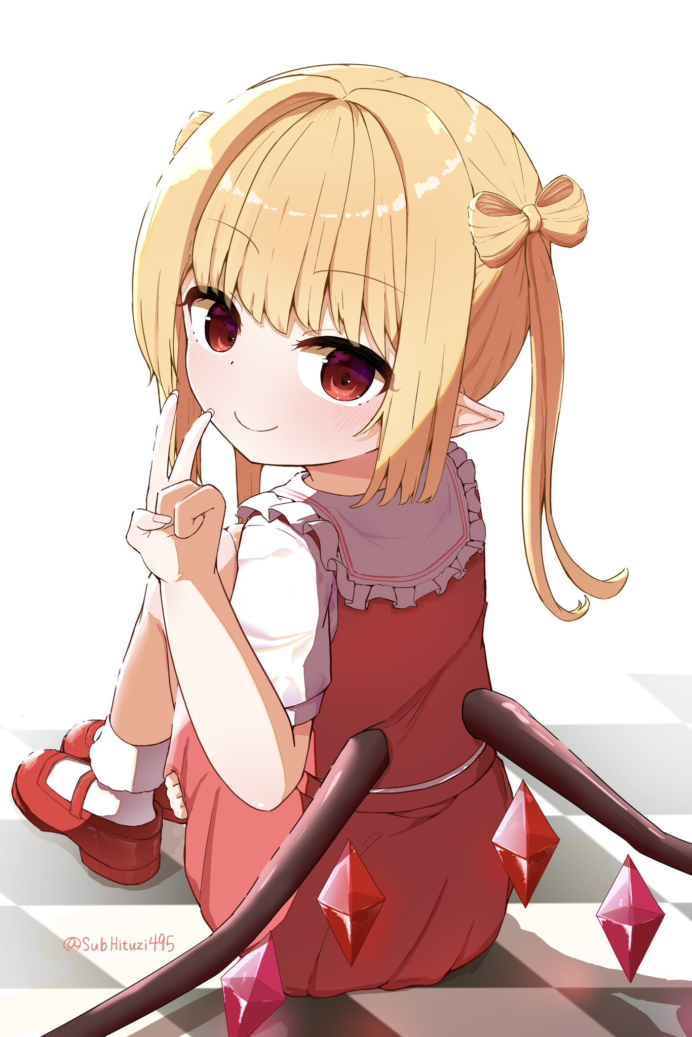 flandre scarlet, touhou, alt text, commentary request, hairstyle request, highres, 1girl, alternate hairstyle, blonde hair, blush, checkered floor, closed mouth, collared shirt, crystal, crystal wings, frilled shirt collar, frills, looking at viewer, mary janes, one side up, pointy ears, puffy short sleeves, puffy sleeves, red eyes, red shoes, red skirt, red vest, shirt, shoes, short sleeves, sitting, skirt, skirt set, smile, socks, solo, subhituzi495, twitter username, v, vest, white shirt, white socks, wings