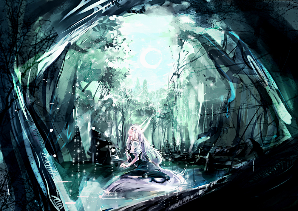 cis (carcharias), ex-keine, kamishirasawa keine, touhou, light, 1girl, crescent moon, female focus, forest, horns, looking up, moon, nature, outdoors, profile, sky, solo, water