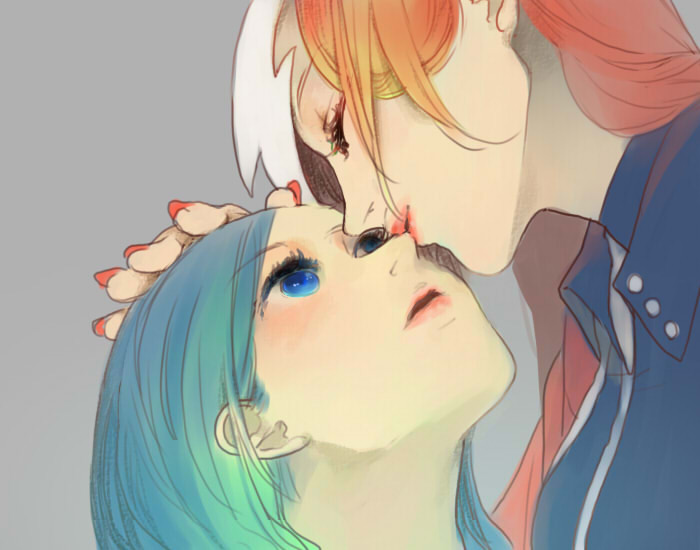 dosei, aikawa jun, kunagisa tomo, zaregoto series, bad id, bad pixiv id, 2girls, aqua hair, blue eyes, kiss, multiple girls, red hair, yuri