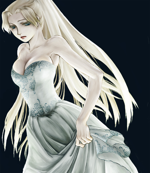 ren mizuha, celes chere, final fantasy, final fantasy vi, bad id, bad pixiv id, 1990s (style), 1girl, bare shoulders, blonde hair, blue eyes, breasts, cleavage, clothes lift, dress, dress lift, female focus, high ponytail, large breasts, lipstick, long hair, makeup, ponytail, retro artstyle, solo, white dress