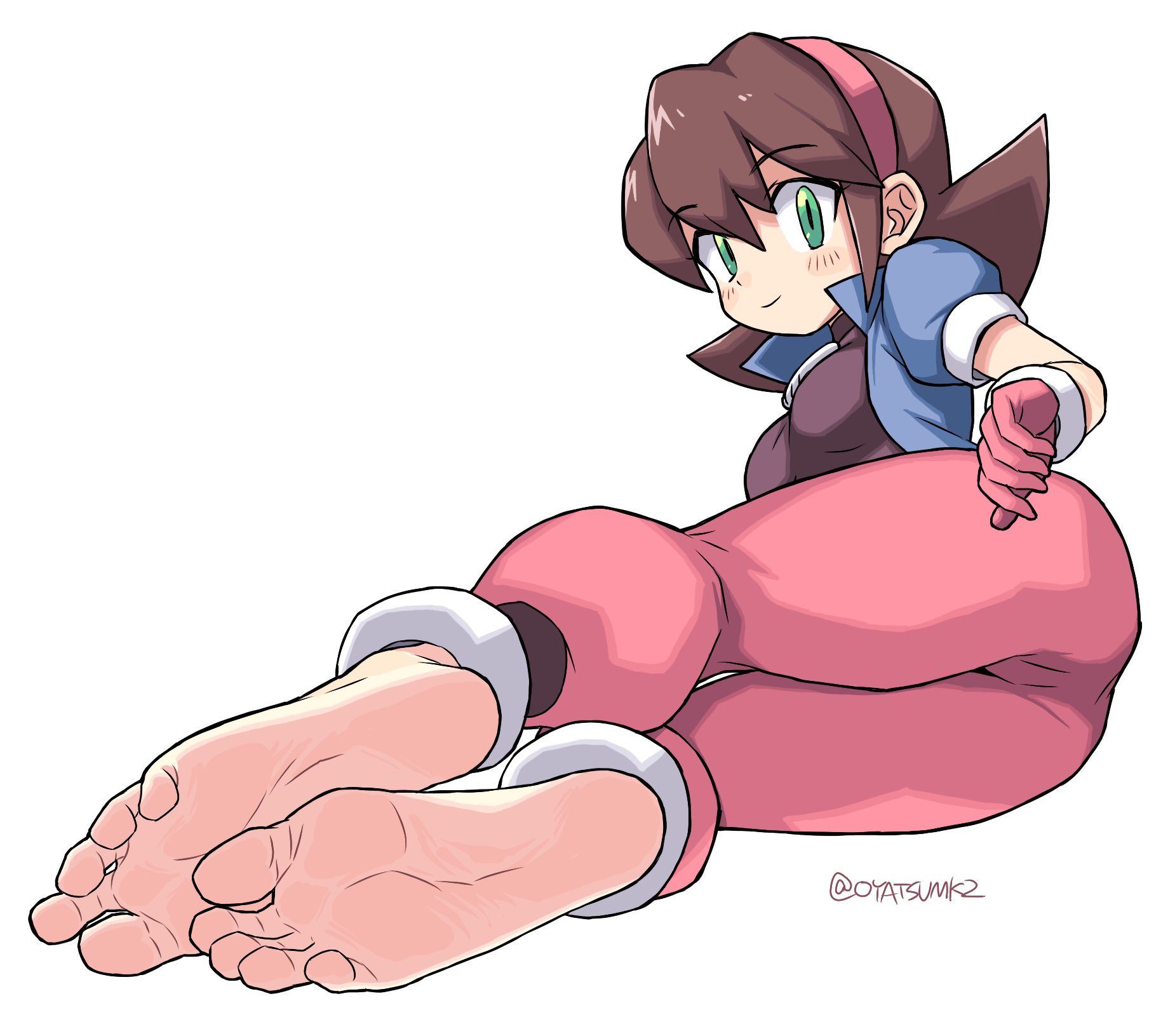 oyatsu (mk2), tron bonne (mega man), mega man (series), mega man legends (series), highres, 1girl, alternate universe, ankle cuffs, ass, barefoot, black bodysuit, blue jacket, bodysuit, brown hair, gloves, green eyes, headband, jacket, open clothes, open jacket, pants, pink gloves, pink headband, pink pants, presenting, presenting ass, presenting foot, short sleeves, skull pendant, smile, soles, toes, white background, wrist cuffs