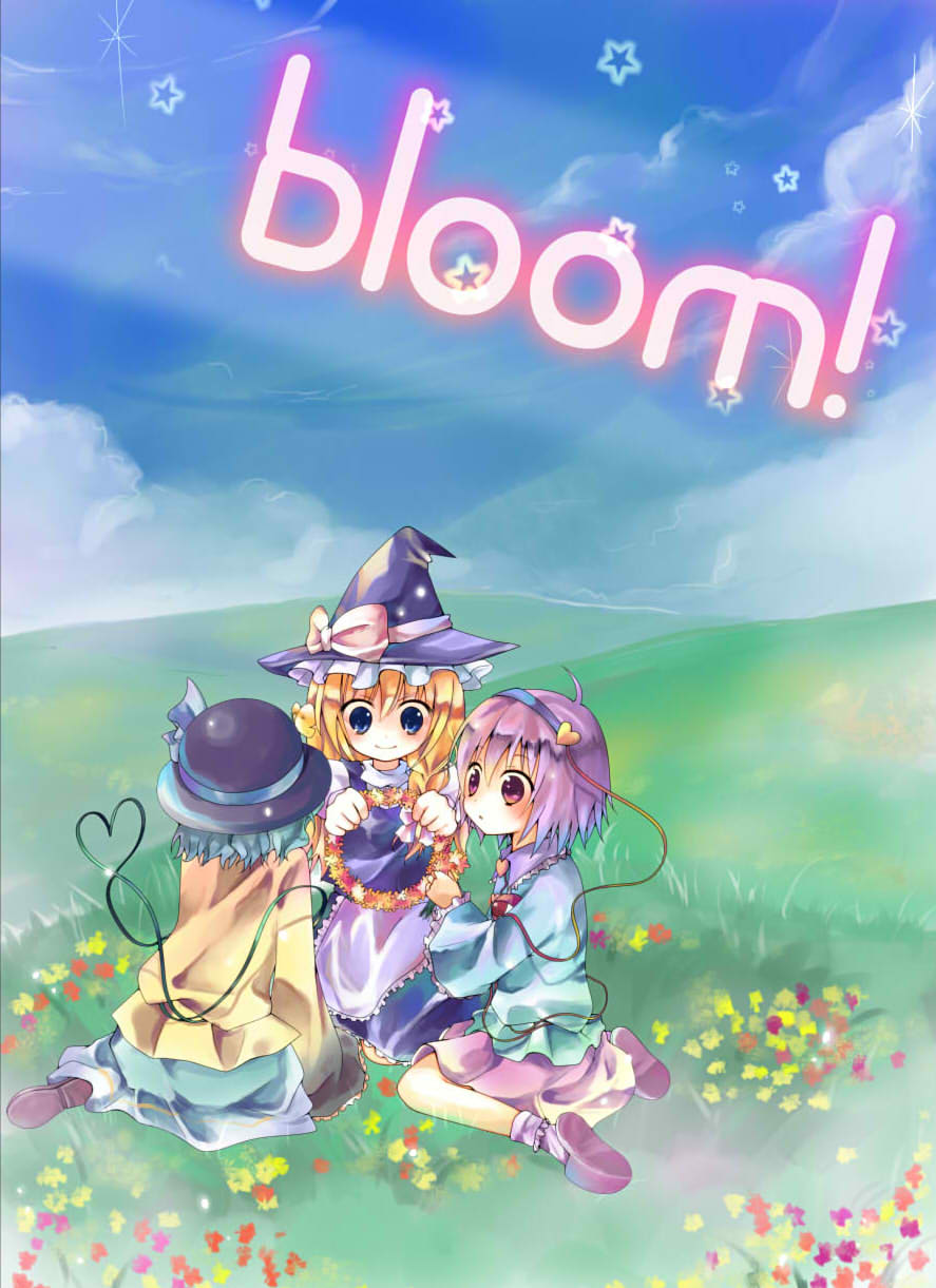 murasaki-neko, murasaki (murasakiiro no yoru), kirisame marisa, komeiji koishi, komeiji satori, touhou, silver hair, highres, painting (medium), traditional media, watercolor (medium), 3girls, blonde hair, female focus, hat, heart, heart of string, multiple girls, pink hair, purple eyes, short hair, witch, witch hat