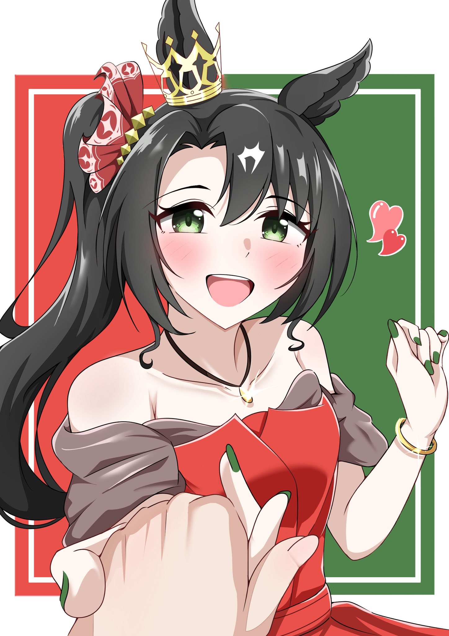 abyss kpn (ki), satono crown (umamusume), umamusume, commentary request, highres, 1girl, 1other, animal ears, bare shoulders, black hair, blush, bracelet, breasts, collarbone, crown ornament, dress, ear ornament, ear through crown, green eyes, green nails, hair between eyes, heart, holding hands, horse ears, horse girl, jewelry, long hair, looking at viewer, multicolored hair, necklace, open mouth, red dress, side ponytail, smile, streaked hair, white hair
