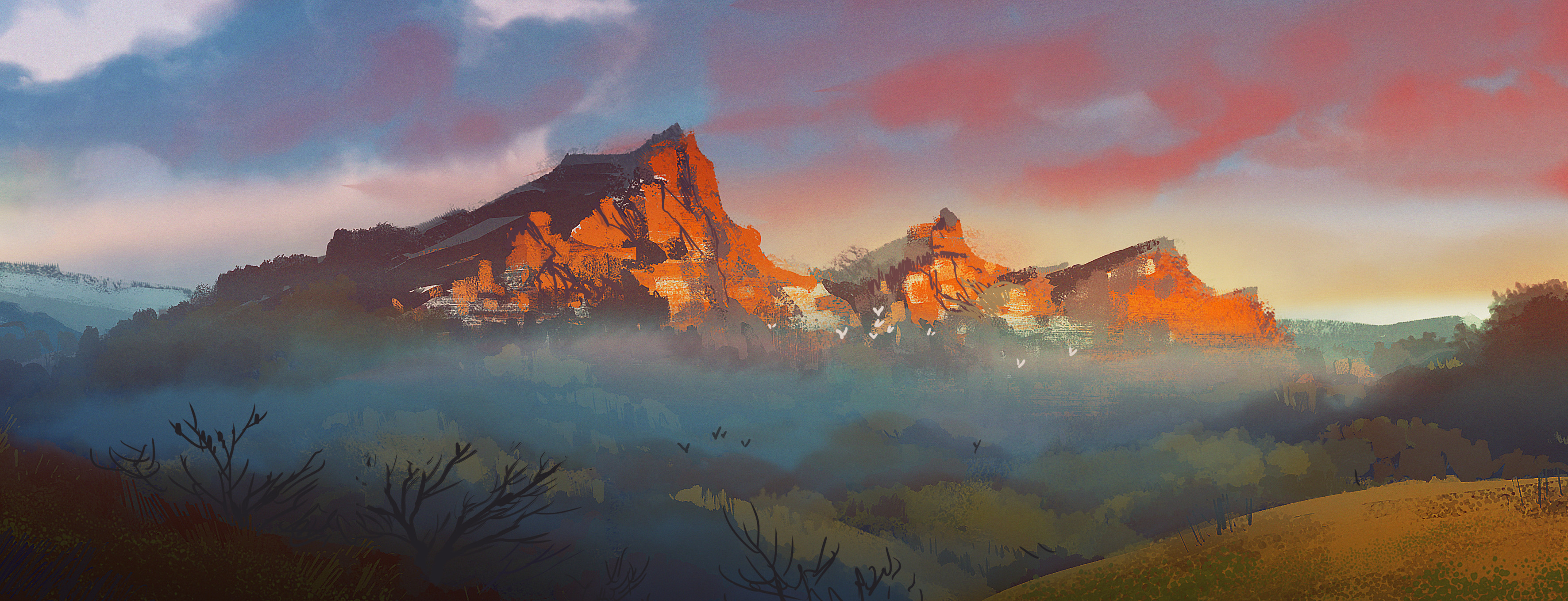 lorenzo lanfranconi, original, absurdres, commentary, english commentary, highres, bare tree, blue sky, cloud, flock, forest, gradient sky, hill, landscape, mountainous horizon, nature, no humans, orange sky, painterly, scenery, sky, tree, yellow sky