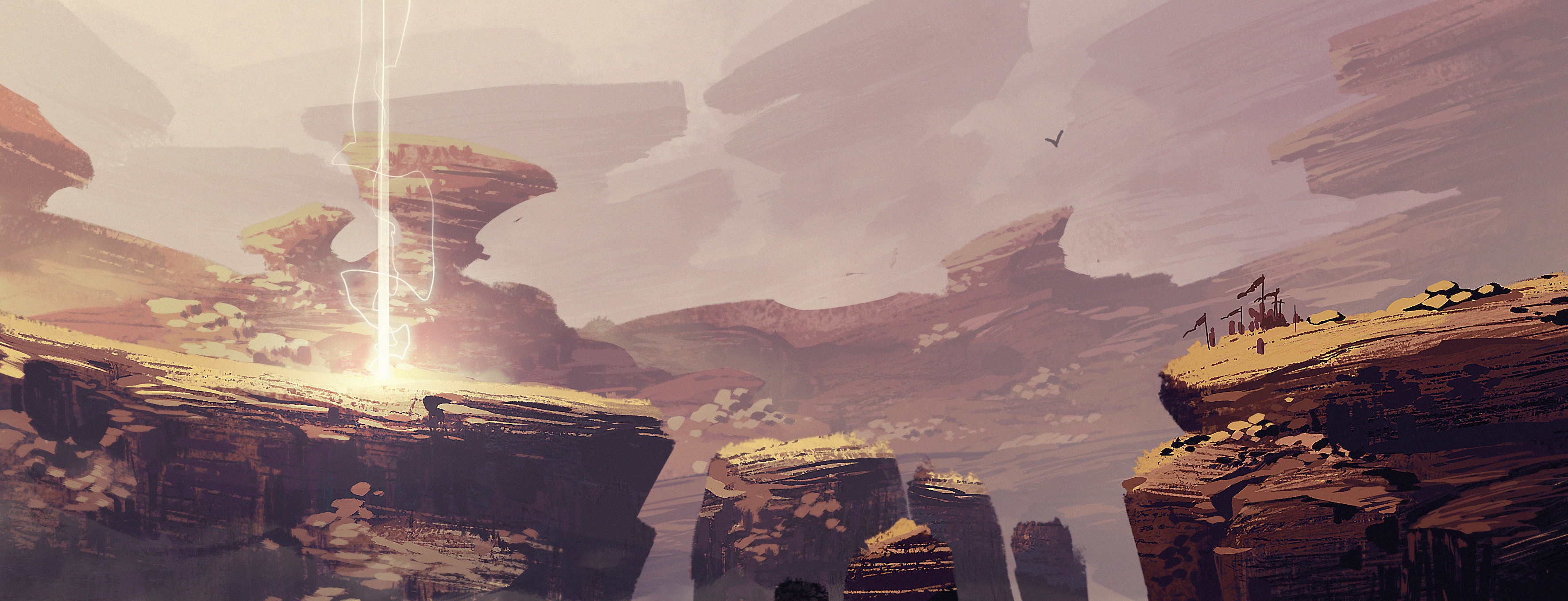 lorenzo lanfranconi, original, absurdres, commentary, english commentary, highres, bird, boulder, cliff, crowd, light rays, mountainous horizon, painterly, rock, scenery