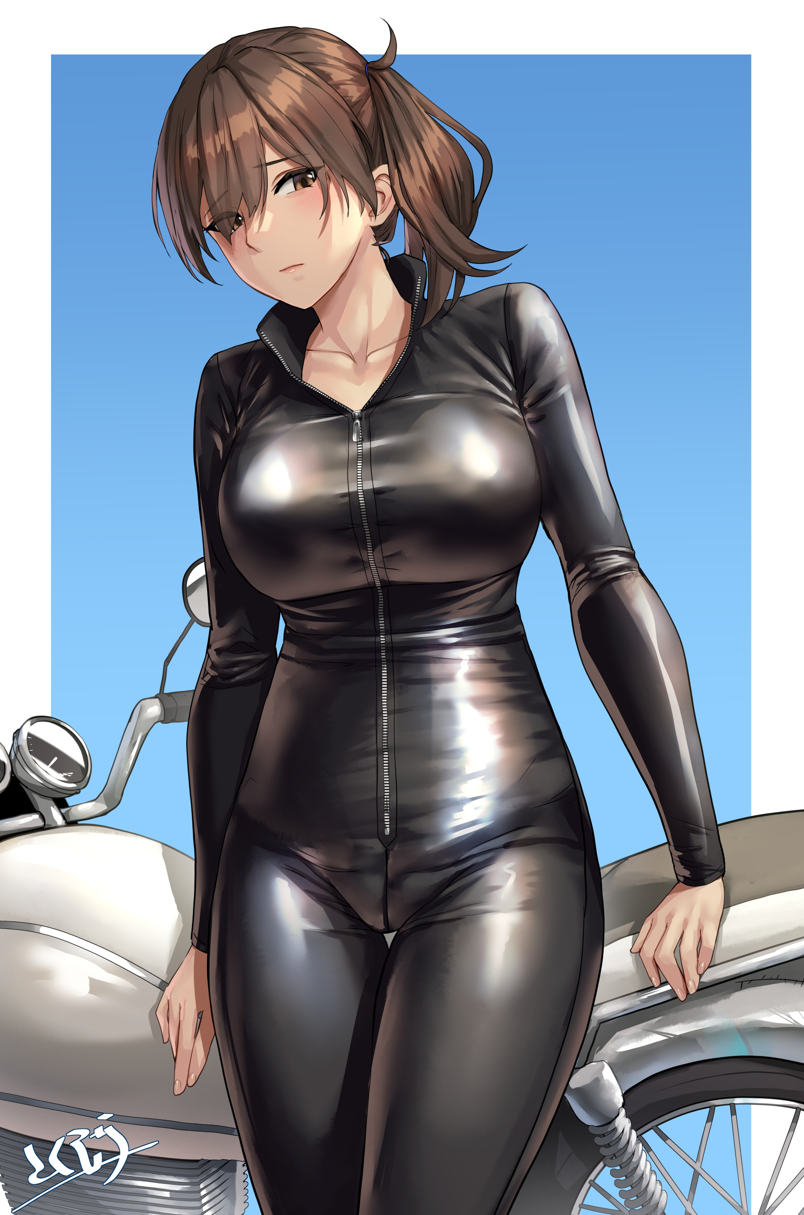 kokuzou, kaga (kancolle), kantai collection, absurdres, commentary request, highres, 1girl, alternate costume, biker clothes, bikesuit, black bodysuit, blue background, bodysuit, border, breasts, brown eyes, brown hair, hair between eyes, hair over one eye, large breasts, long hair, looking at viewer, motor vehicle, motorcycle, side ponytail, signature, solo, white border