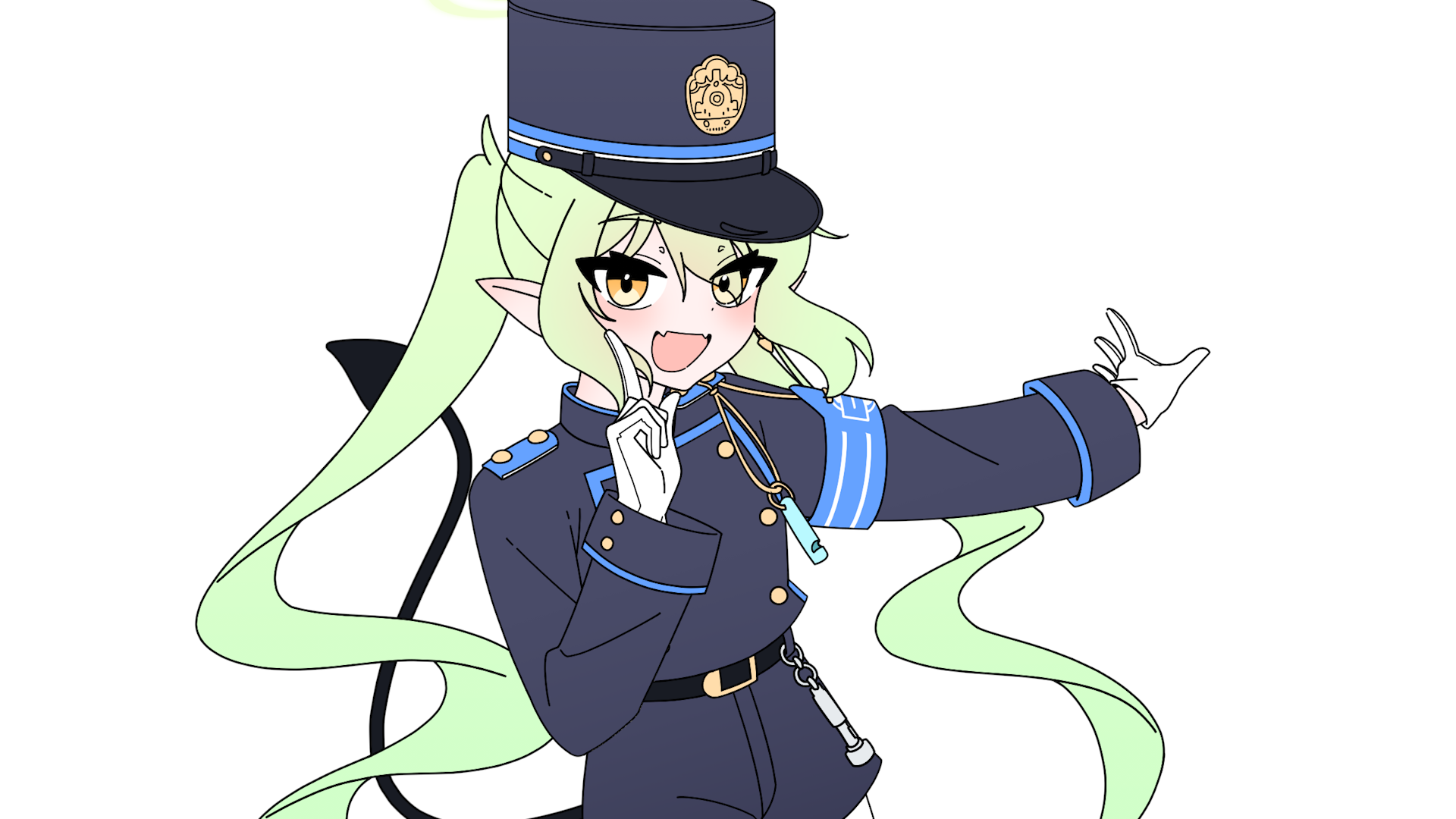 aki (user zscy4544), nozomi (blue archive), blue archive, commentary, highres, 1girl, :d, armband, belt, black belt, black jacket, black shorts, blue armband, blue hat, blue trim, blush, buttons, demon tail, double-breasted, fang, green hair, hat, highlander railway academy logo, hoshino ruby dance, jacket, long hair, long sleeves, open mouth, outstretched arm, peaked cap, pointing, pointing up, shorts, skin fang, smile, solo, tail, thick eyebrows, twintails, upper body, very long hair, whistle, white background, yellow eyes
