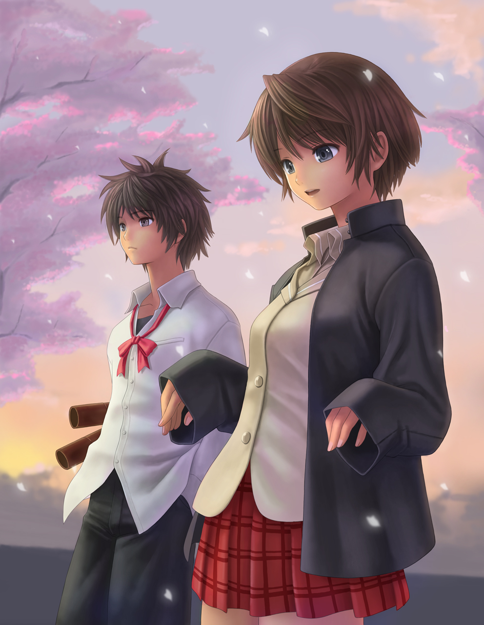 kanzeon, original, highres, blouse, borrowed clothes, bow, bowtie, brown hair, carrying, carrying under arm, cherry blossoms, collared shirt, cowboy shot, frown, glowing, glowing petals, graduation, miniskirt, outdoors, oversized clothes, petals, plaid clothes, plaid skirt, red bow, red bowtie, school uniform, shirt, short hair, skirt, white shirt