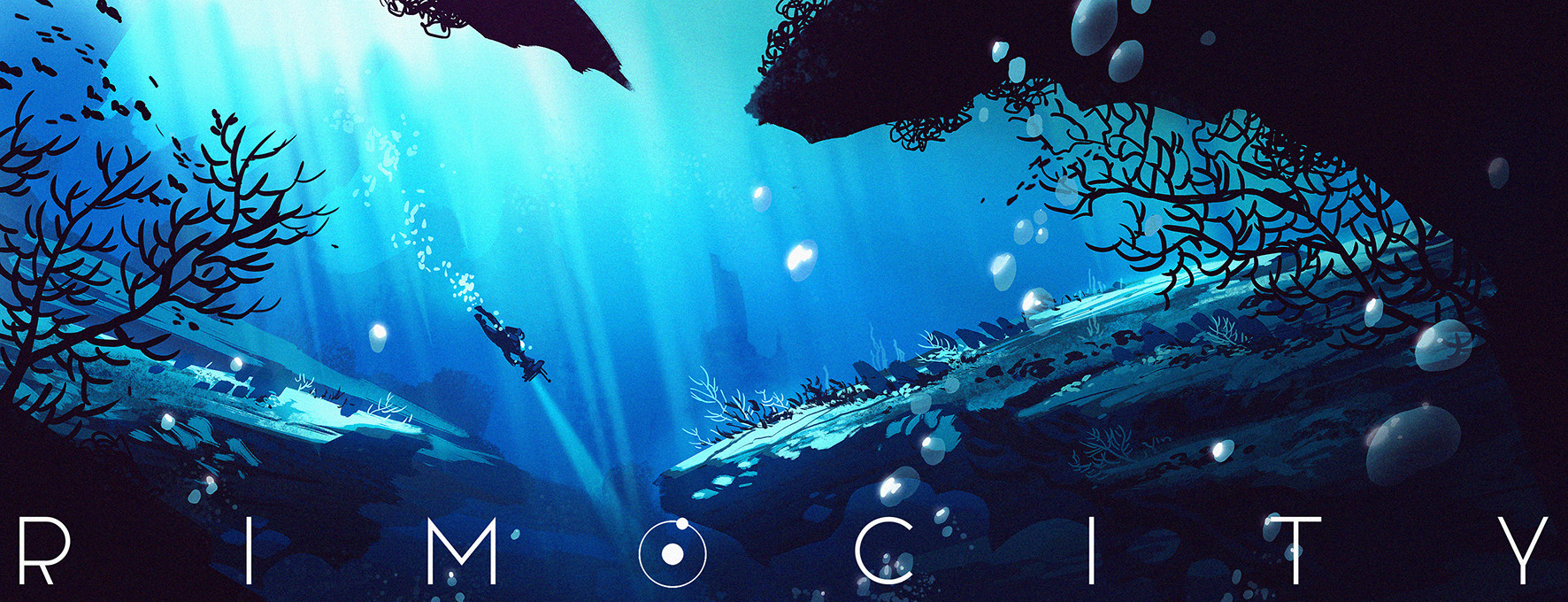 lorenzo lanfranconi, original, commentary, english commentary, highres, 1other, air bubble, blue theme, bubble, cliff, coral, diving mask, diving suit, english text, from side, goggles, landscape, light rays, painterly, scenery, underwater, water