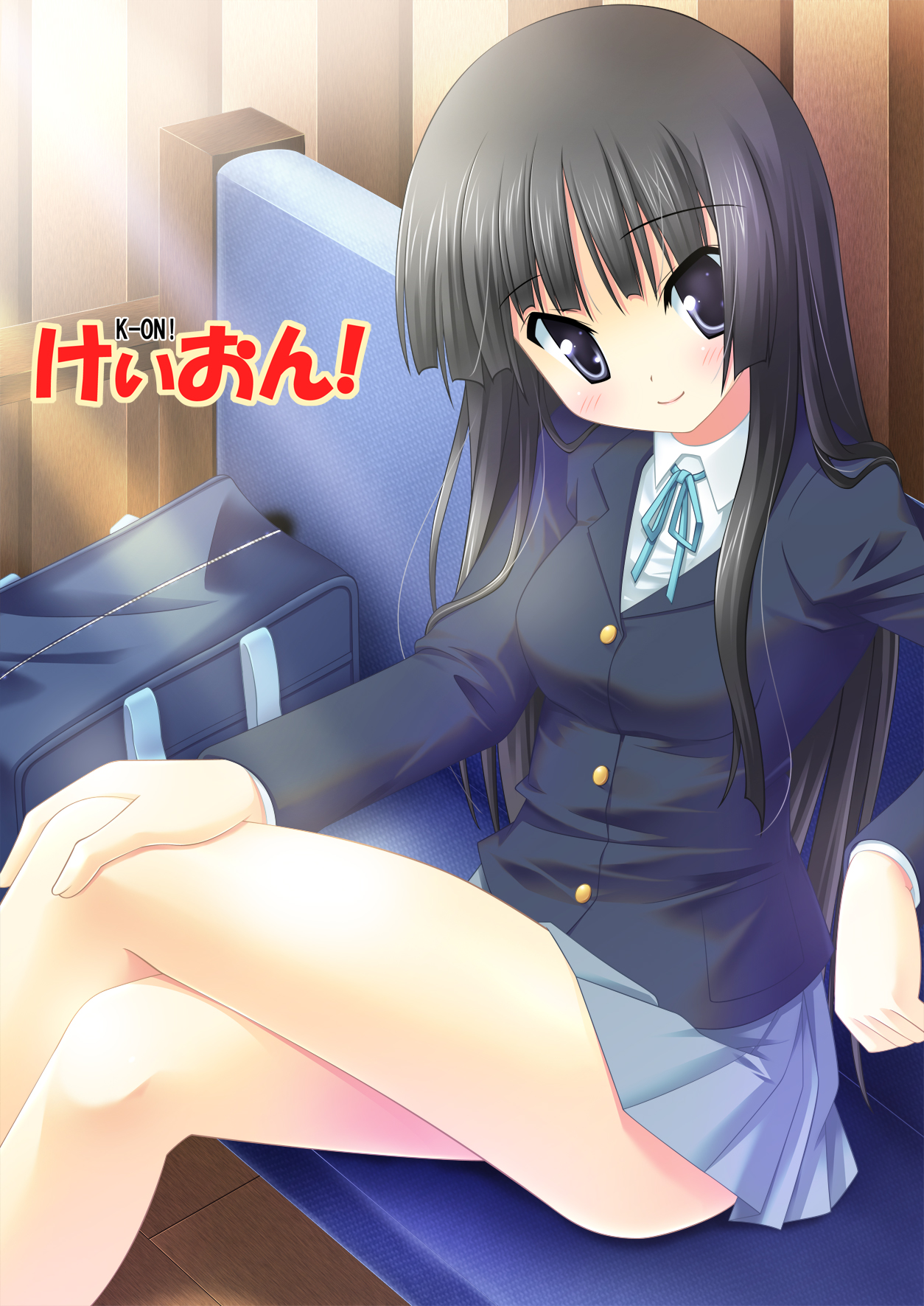 nanase yuuji, akiyama mio, k-on!, highres, 00s, 1girl, bag, black eyes, black hair, couch, crossed legs, female focus, indoors, long hair, school uniform, sitting, solo