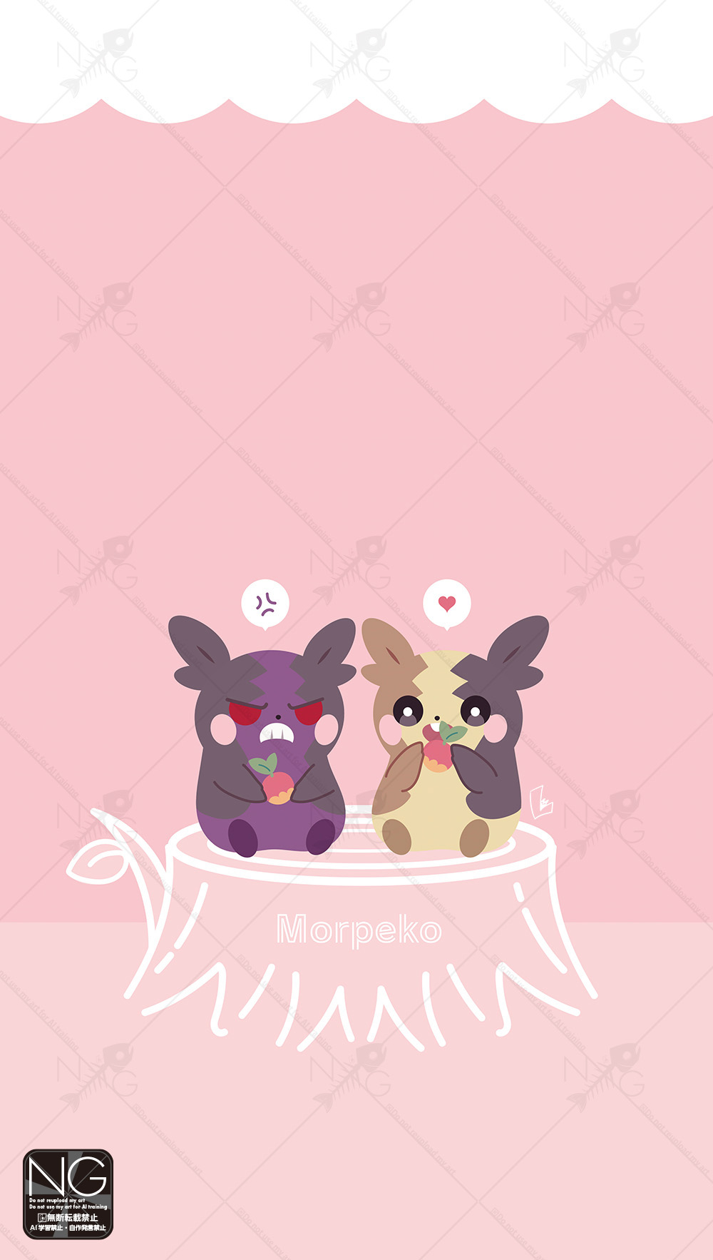 meme (sleepsheep), morpeko, morpeko (full), morpeko (hangry), nintendo, pokemon, commentary request, highres, anger vein, berry (pokemon), black sclera, colored sclera, frown, gen 8 pokemon, heart, leppa berry, no humans, open mouth, pokemon (creature), pokemon focus, red eyes, red sclera, smile, speech bubble, spoken anger vein, spoken heart, teeth