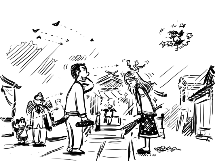 gensoukoumuten, kochiya sanae, shameimaru aya, touhou, 2boys, 3girls, ^^^, bowing, broom, dotted line, frog hair ornament, greyscale, hair ornament, hat, long nose, messy hair, monochrome, multiple boys, multiple girls, rope, shimenawa, snake hair ornament, tail, tengu, tokin hat, wings