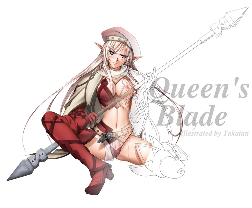 takatan, alleyne (queen's blade), fighting master alleyne, queen's blade, 00s, 1girl, alternate color, beret, blush, boots, braid, breasts, cape, cleavage, elbow gloves, elf, female focus, gloves, hat, leaf print, long hair, panties, pointy ears, polearm, print panties, see-through clothes, side braid, sketch, solo, staff, thigh boots, thighhighs, underwear, weapon, x-ray