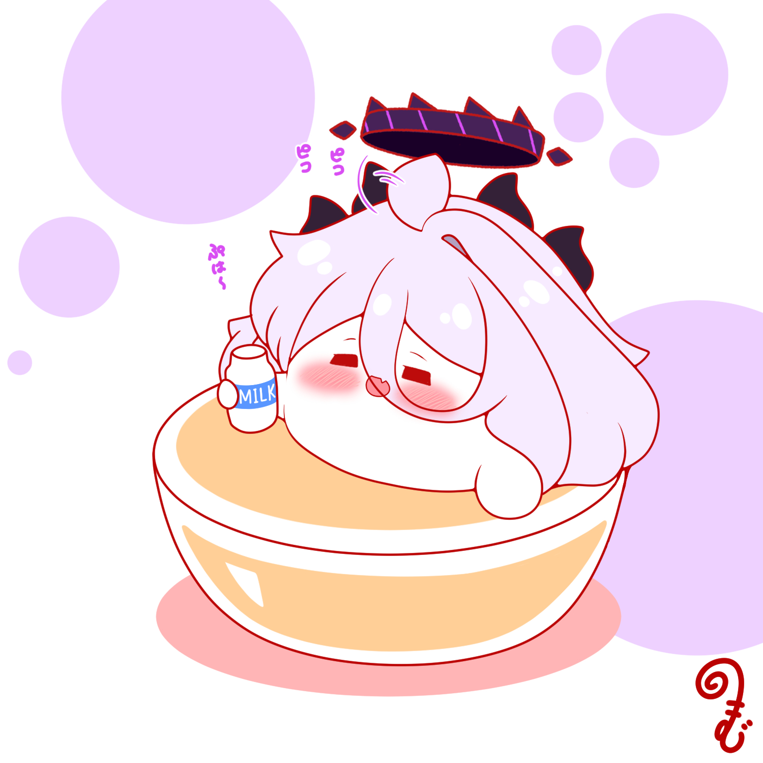 kurukurumagical, hina (blue archive), blue archive, commentary request, highres, translation request, :d, afterimage, ahoge, ahoge wag, blush, bottle, chibi, closed eyes, colored shadow, expressive hair, facing viewer, fang, grey hair, hair between eyes, halo, holding, holding bottle, horns, in bowl, in container, milk bottle, open mouth, partially submerged, shadow, simple background, single hair intake, smile, solo, white background