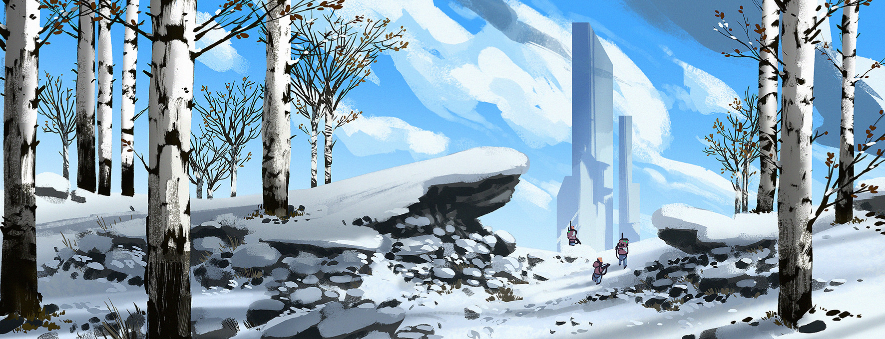 lorenzo lanfranconi, original, commentary, english commentary, highres, 3others, birch tree, blue sky, cloud, from behind, landscape, multiple others, painterly, pillar, rock, scenery, sky, snow, tree, winter