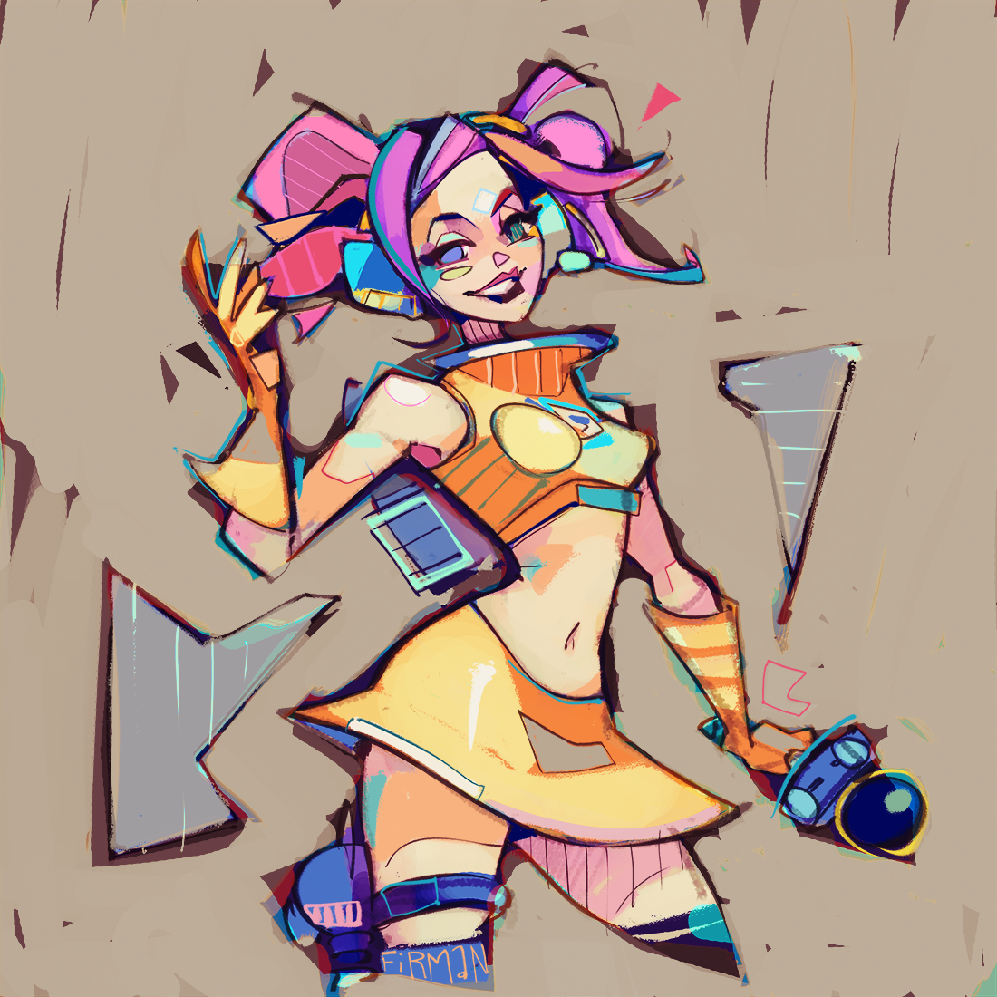 michaelfirman, ulala, space channel 5, alt text, commentary, english commentary, 1girl, artist name, breasts, crop top, cropped legs, gloves, holding, holding microphone, looking at viewer, medium breasts, microphone, midriff, navel, no pupils, parted lips, pink hair, simple background, sleeveless, smile, solo, ufo skirt