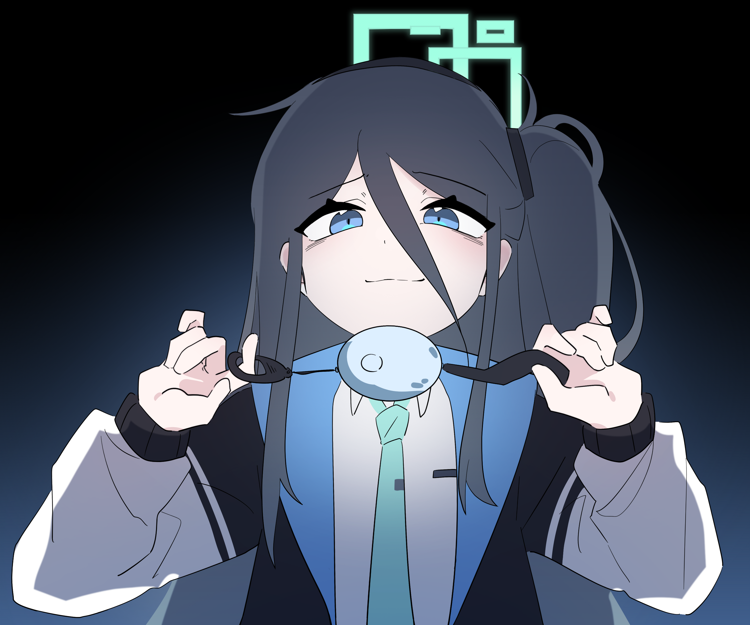 aki (user zscy4544), aris (blue archive), blue archive, shukusei!! loli-kami requiem, absurdres, commentary request, highres, 1girl, bags under eyes, black hair, black hairband, black jacket, blue eyes, blue jacket, blue necktie, collared shirt, crime prevention buzzer, crime prevention buzzer threat, hairband, half-closed eyes, halo, holding, jacket, long bangs, long hair, long sidelocks, looking at viewer, multicolored jacket, necktie, one side up, open clothes, open jacket, shirt, sidelocks, smug, solo, two-sided fabric, two-sided jacket, two-tone jacket, upper body, white jacket, white shirt, white sleeves