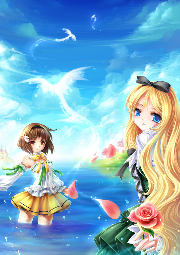 grandia koori, cagalin, sairalinde, eternita, bad id, bad pixiv id, 2girls, ||/, blonde hair, blue eyes, bow, brown eyes, brown hair, day, detached sleeves, dress, flower, hair bow, hairband, long hair, looking back, multiple girls, petals, rose, short hair, sky, wading, water