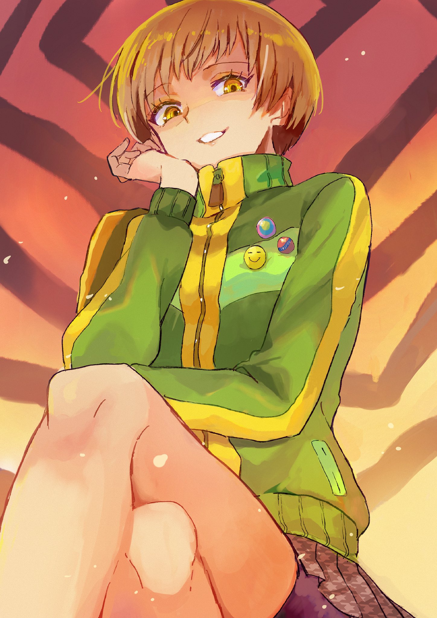 kanna nijiniji, satonaka chie, shadow (persona), shadow chie, persona, persona 4, commentary request, highres, 1girl, badge, bike shorts, bike shorts under skirt, black shorts, brown hair, button badge, crossed legs, dark persona, feet out of frame, from below, green jacket, grey skirt, grin, head rest, houndstooth, jacket, long sleeves, looking at viewer, pixie cut, school uniform, short hair, shorts, skirt, smile, solo, track jacket, turtleneck, turtleneck jacket, yasogami school uniform, yellow eyes, zipper