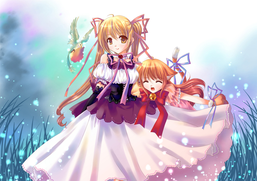 grandia koori, 2girls, animal ears, animal hands, bell, bird, blonde hair, brown hair, cat ears, cat paws, closed eyes, corset, elbow gloves, gloves, hair ribbon, multiple girls, ribbon, twintails