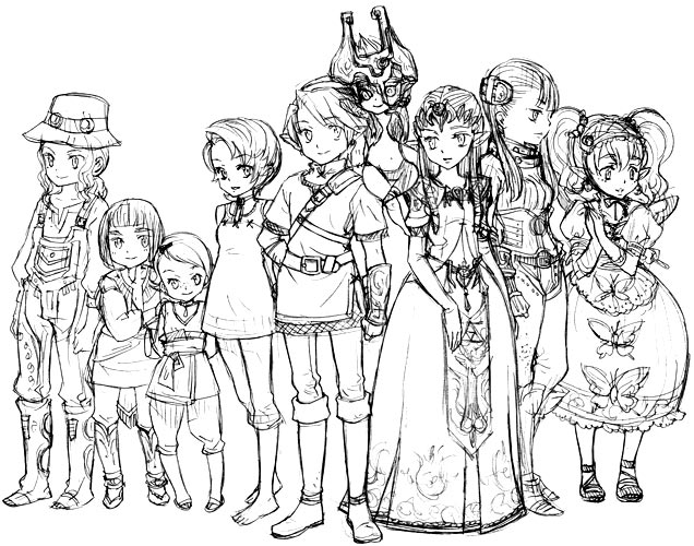 agitha, ashei, beth (zelda), hena (zelda), ilia, link, luda (zelda), midna, princess zelda, nintendo, the legend of zelda, the legend of zelda: twilight princess, 1boy, 6+girls, barefoot, capri pants, everyone, feet, greyscale, harem, monochrome, multiple girls, pants, pimp, toes