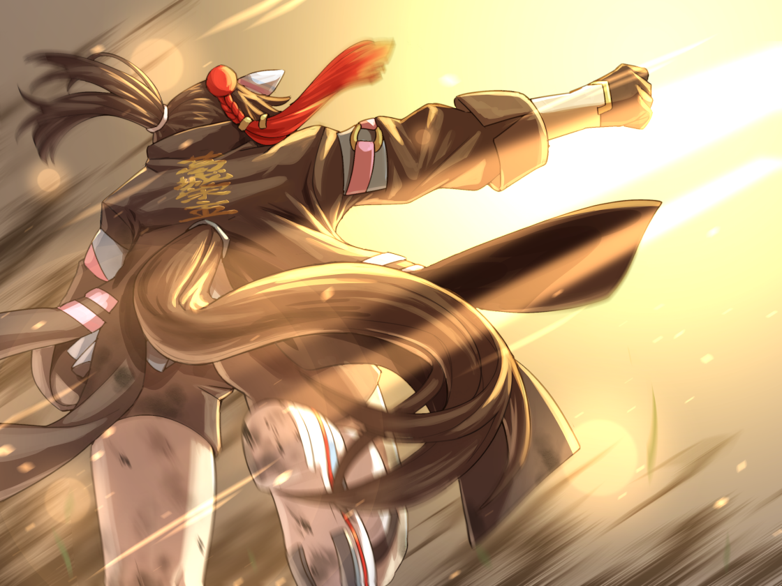 peeta, katsuragi ace (dragon rising to the top) (umamusume), katsuragi ace (umamusume), japan cup, umamusume, commentary request, textless version, 1girl, animal ears, black coat, black gloves, black hair, black jacket, black shorts, clenched hand, coat, ear covers, from behind, gloves, hair ornament, horse ears, horse girl, horse tail, jacket, long hair, long sleeves, multicolored hair, ponytail, shirt, shorts, solo, streaked hair, tail, tassel, tassel hair ornament