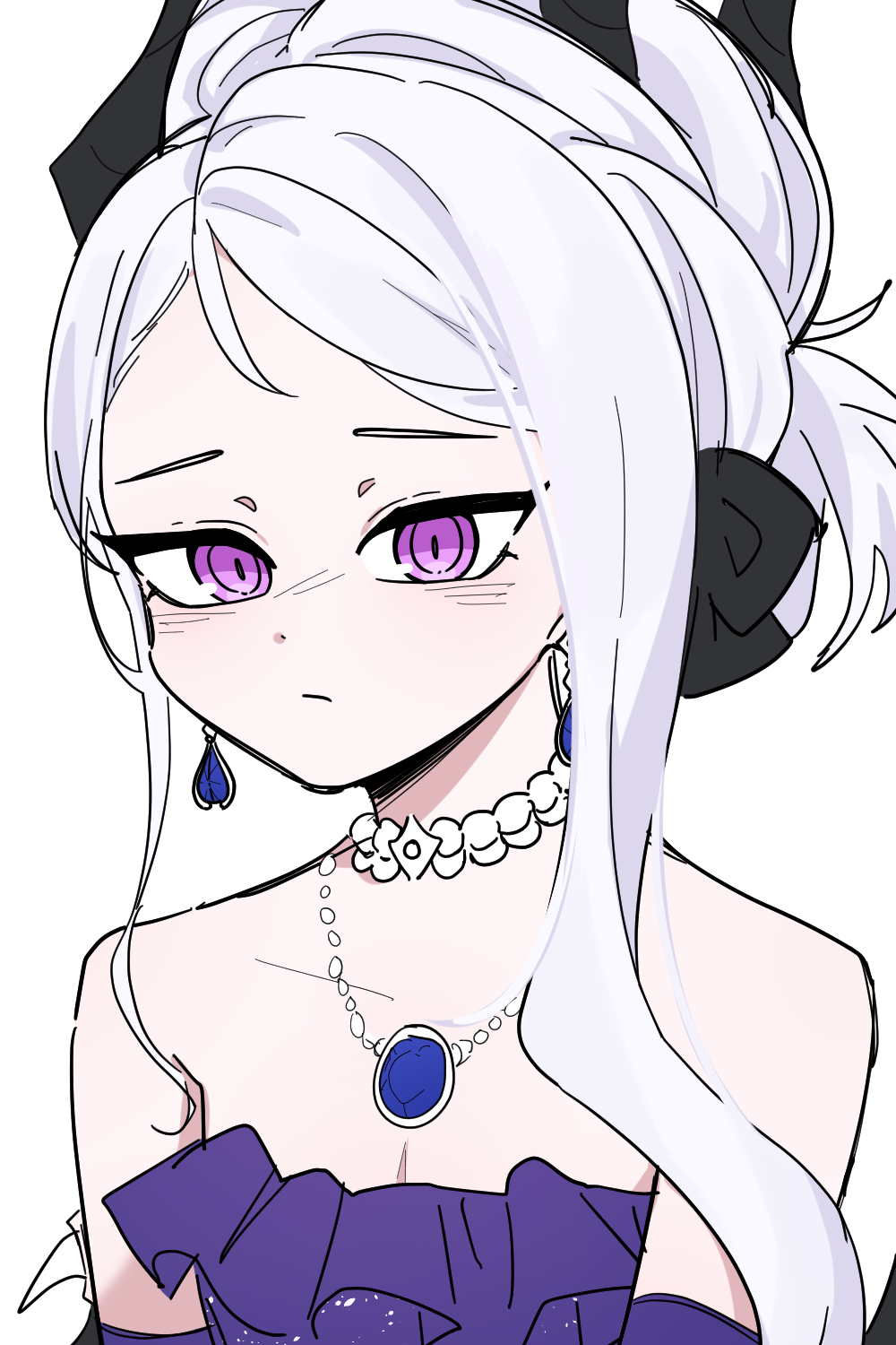 aki (user zscy4544), hina (blue archive), hina (dress) (blue archive), blue archive, blue gem, commentary request, highres, 1girl, bags under eyes, bare shoulders, black ribbon, breasts, choker, cleavage, collarbone, demon horns, dress, elbow gloves, frilled dress, frills, gem, gloves, hair ribbon, horns, jewelry, long hair, long sidelocks, looking at viewer, necklace, official alternate costume, purple dress, purple gloves, ribbon, sidelocks, solo, upper body, white choker, white hair