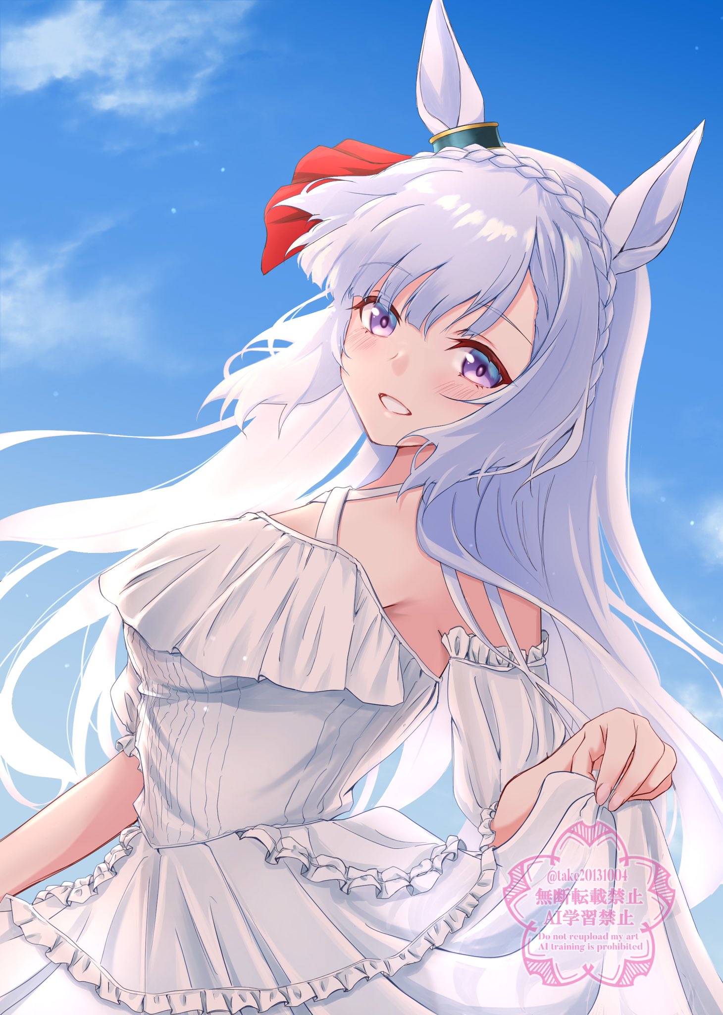 take20131004, mejiro ardan (umamusume), umamusume, commentary request, highres, 1girl, animal ears, blue hair, blue sky, blush, braid, breasts, criss-cross straps, crown braid, detached sleeves, dress, ear ornament, horse ears, horse girl, large breasts, long hair, looking at viewer, open mouth, purple eyes, skirt hold, sky, smile, solo, white dress