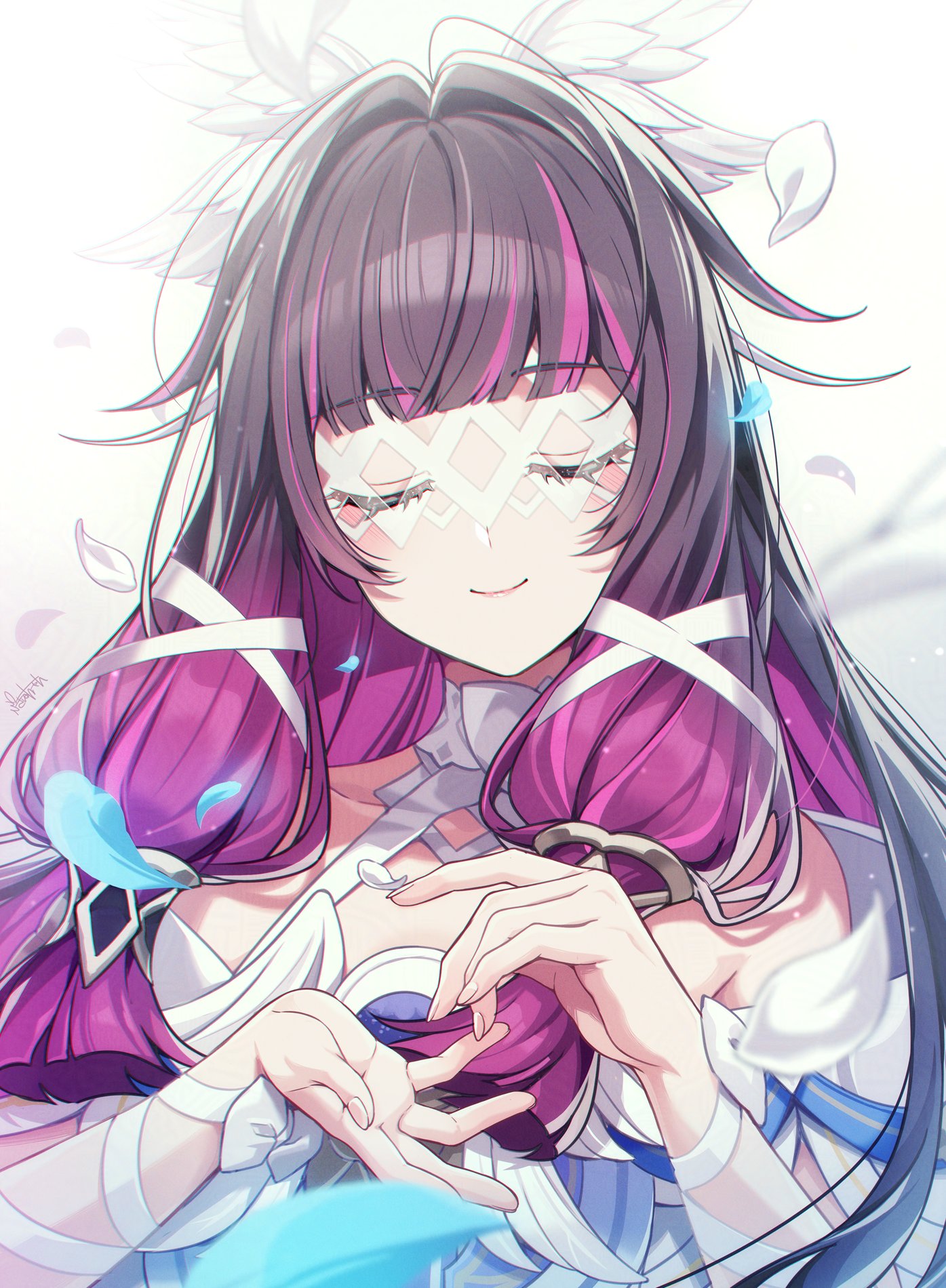 ringozaka mariko, columbina (genshin impact), genshin impact, commentary, highres, 1girl, black hair, blunt bangs, blush, closed eyes, closed mouth, dress, eye mask, facing viewer, falling petals, hair intakes, hair ribbon, head wings, long hair, mask, multicolored hair, petals, pink hair, ribbon, smile, solo, two-tone hair, upper body, white background, white dress, white ribbon, white wings, wings, wrist ribbon