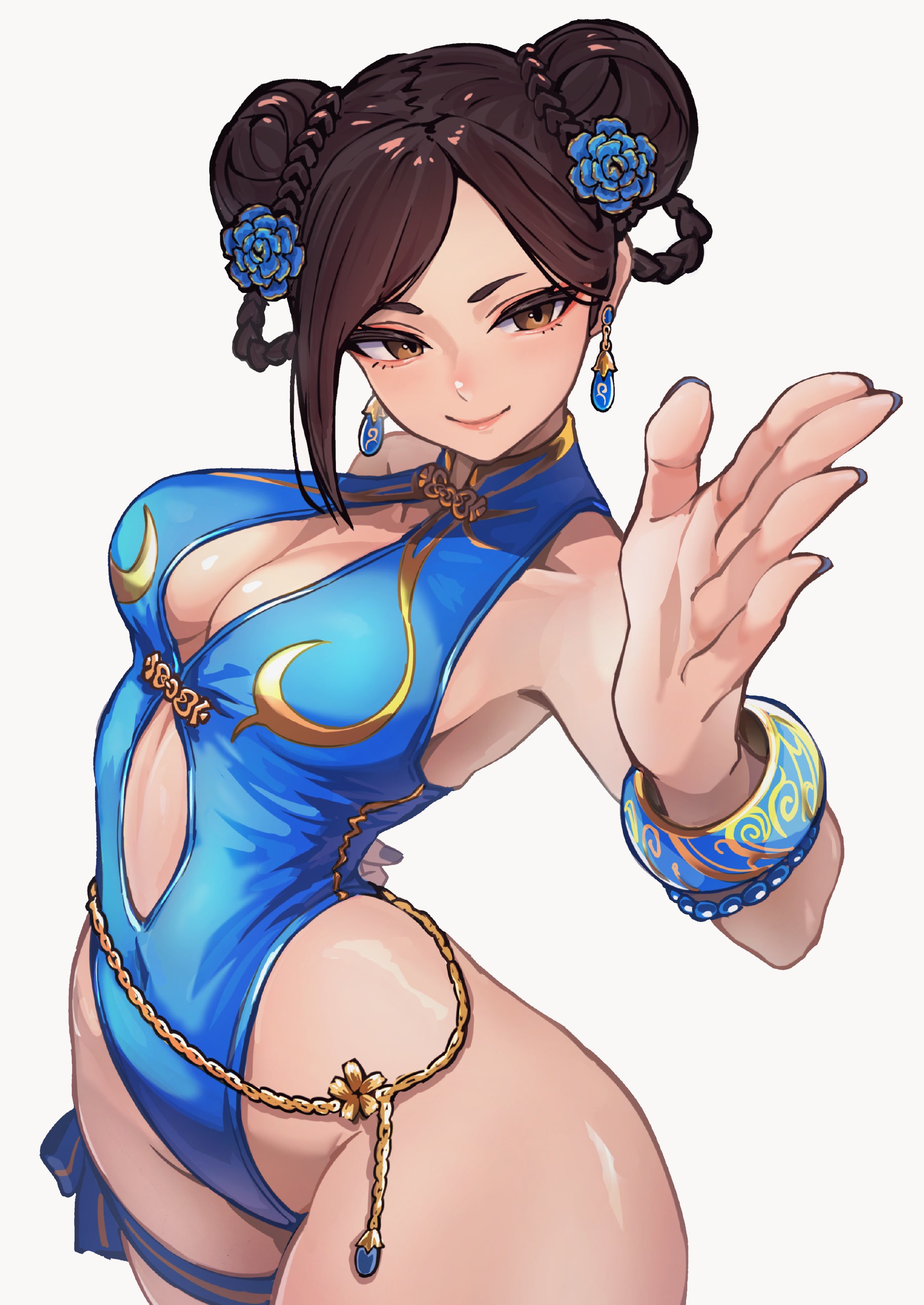 ap cammy, chun-li, capcom, street fighter, street fighter 6, absurdres, commentary, english commentary, highres, revision, 1girl, blue flower, blue one-piece swimsuit, bracelet, braid, braided hair rings, breasts, brown hair, cleavage, closed mouth, clothing cutout, curvy, double bun, earrings, eyeliner, flower, hair bun, hair flower, hair ornament, hair rings, jewelry, large breasts, legs together, long hair, makeup, official alternate costume, one-piece swimsuit, red eyeliner, simple background, smile, solo, standing, stomach cutout, swimsuit, thigh strap, thighs, white background