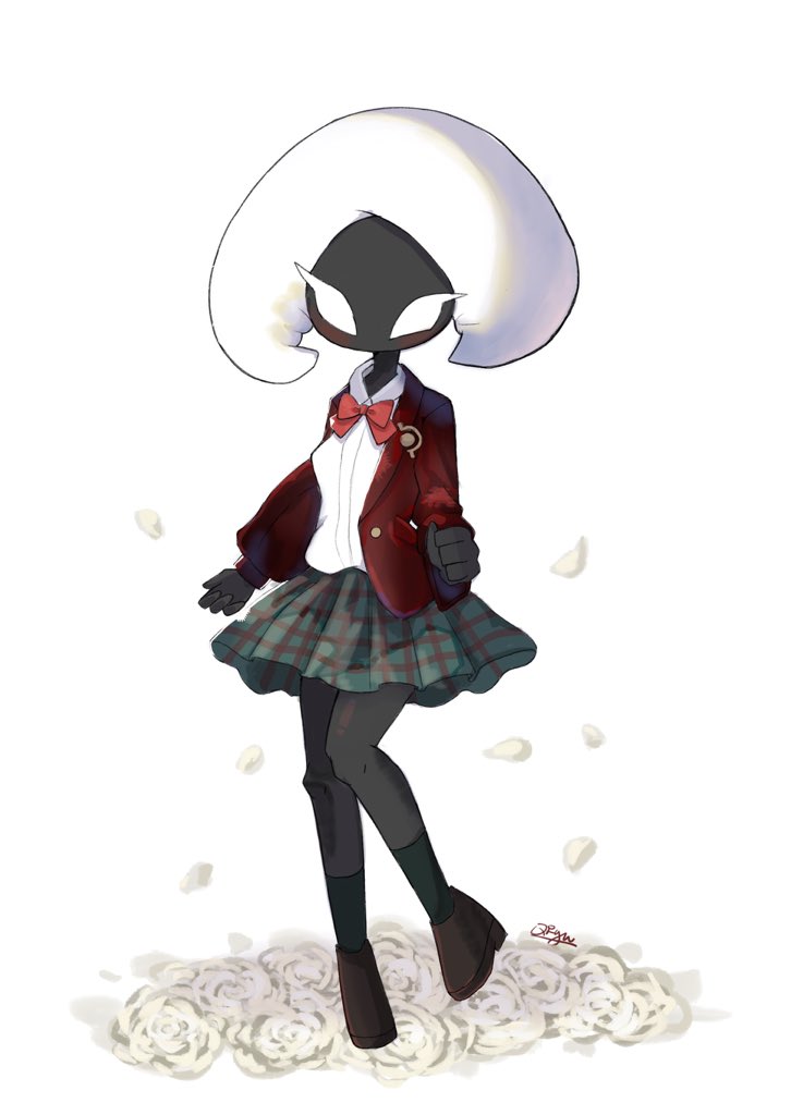 17hornet77987, lace (hollow knight), hollow knight, hollow knight: silksong, commentary, english commentary, 1girl, arthropod girl, black pantyhose, black skin, bow, bowtie, collared shirt, colored skin, flower, full body, grey skirt, jacket, long sleeves, looking at viewer, no pupils, open clothes, open jacket, pantyhose, petals, plaid clothes, plaid skirt, pleated skirt, red bow, red bowtie, red jacket, shirt, shoes, simple background, skirt, solo, standing, standing on one leg, white background, white eyes, white shirt
