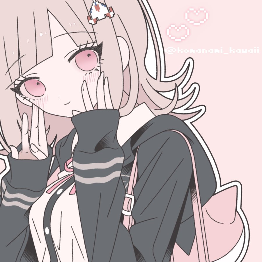 komanami kawaii, nanami chiaki, danganronpa (series), danganronpa 2: goodbye despair, commentary request, 1girl, blush, breasts, brown hair, collared shirt, flipped hair, hair ornament, hands up, jacket, long sleeves, looking at viewer, medium hair, neck ribbon, open clothes, open jacket, pink eyes, pink ribbon, ribbon, shirt, solo, white shirt