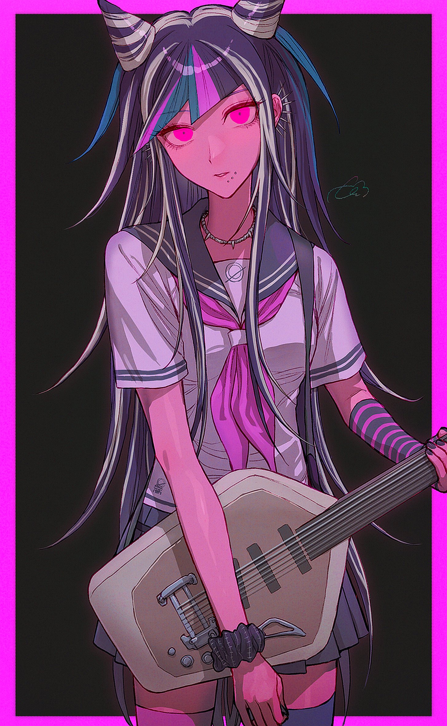 katahaba (wawawa wa haha), mioda ibuki, danganronpa (series), danganronpa 2: goodbye despair, highres, 1girl, black background, black hair, black nails, black scrunchie, border, breasts, ear piercing, face piercing, guitar, hair horns, holding, holding guitar, holding instrument, instrument, lip piercing, long hair, medium breasts, multicolored hair, nail polish, neckerchief, piercing, pink border, pink eyes, pink hair, pink neckerchief, pink streaks, sailor collar, school uniform, scrunchie, shirt, short sleeves, skirt, smile, solo, streaked hair, teeth, thighhighs, white hair, wrist scrunchie