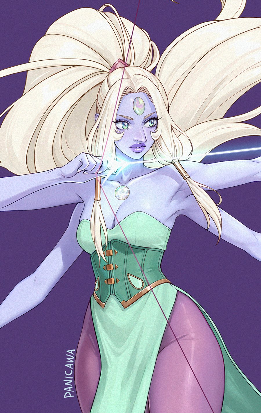 adelheid (moschiola), opal (steven universe), steven universe, commentary, cropped, highres, 1girl, aiming, armpits, arrow (projectile), artist name, bare shoulders, blonde hair, blue eyes, bow (weapon), breasts, chest jewel, cleavage, collarbone, colored skin, corset, cowboy shot, curtained hair, dress, extra arms, floating hair, forehead jewel, gem (steven universe), green corset, green dress, holding, holding bow (weapon), holding weapon, long hair, long sidelocks, looking to the side, low neckline, medium breasts, opal (gemstone), pantyhose, pelvic curtain, pink pantyhose, ponytail, purple background, purple lips, purple skin, sidelocks, simple background, solo, weapon