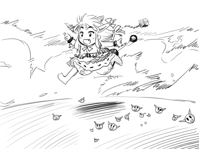 gensoukoumuten, ibuki suika, gake no ue no ponyo, touhou, 1girl, barefoot, bow, cuffs, fang, female focus, greyscale, horns, monochrome, outdoors, parody, ribbon, running, shackles, solo