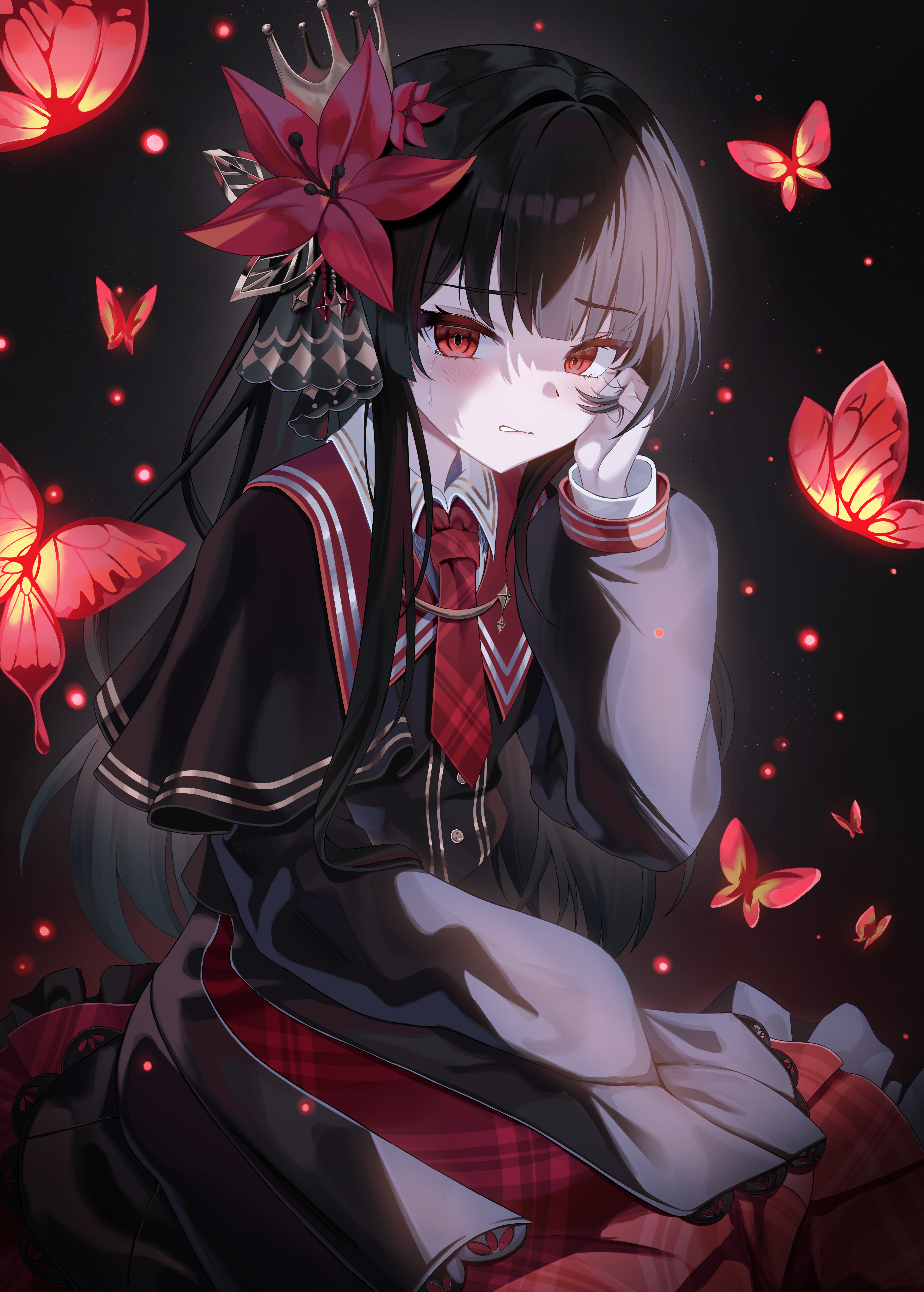 chanpower233, nikaido hiro, mahou shoujo no majo saiban, absurdres, commentary request, highres, 1girl, black background, black hair, bug, butterfly, flower, hair flower, hair ornament, insect, long hair, looking at viewer, necktie, red butterfly, red eyes, red necktie, solo