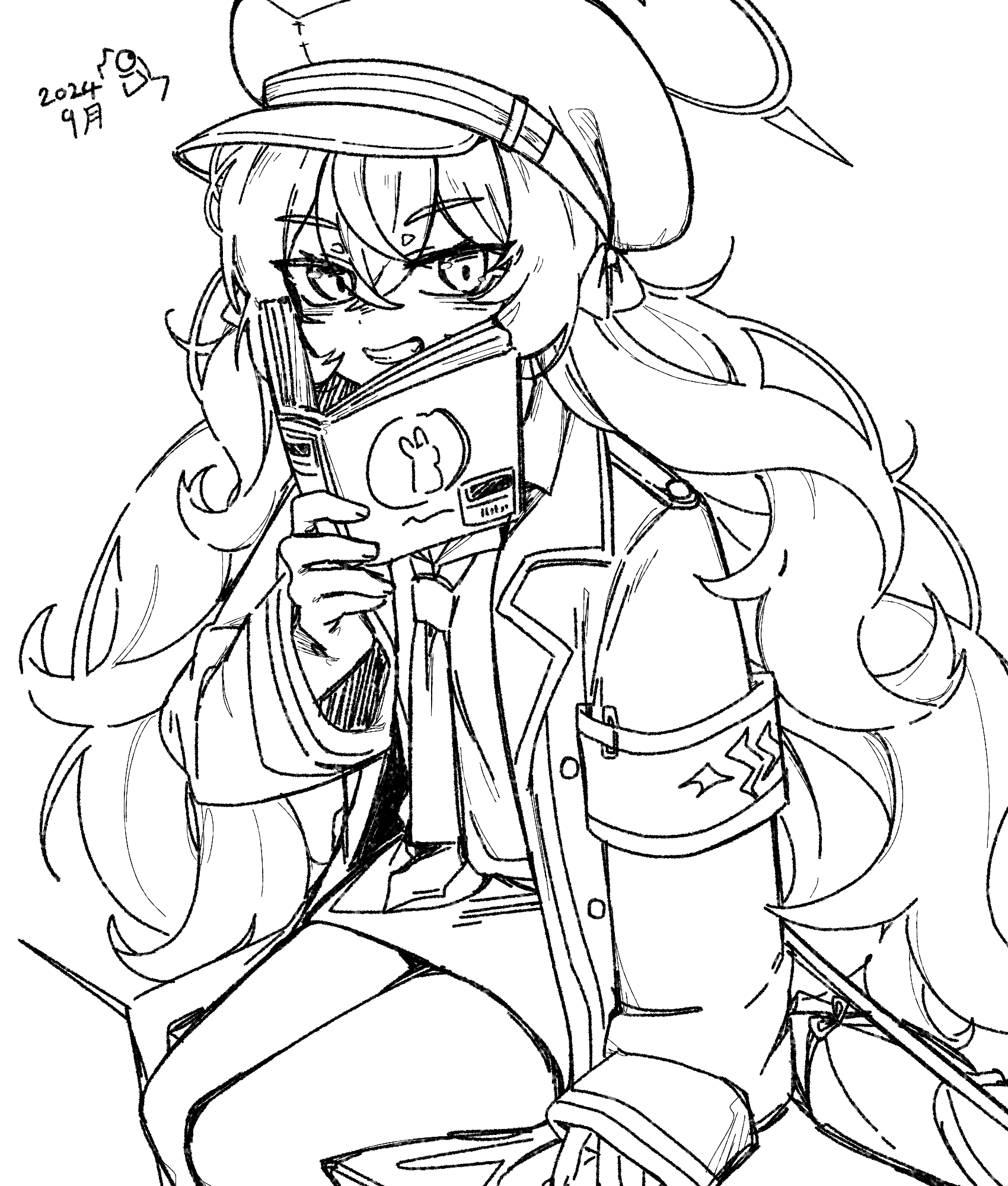 aki (user zscy4544), iroha (blue archive), blue archive, fluffy hair, commentary request, highres, 1girl, :d, armband, book, crossed bangs, dated, greyscale, hair between eyes, halo, hat, holding, holding book, jacket, lapels, long hair, long sleeves, looking at viewer, monochrome, necktie, notched lapels, open clothes, open jacket, open mouth, shirt, sitting, skirt, smile, solo, teeth, very long hair