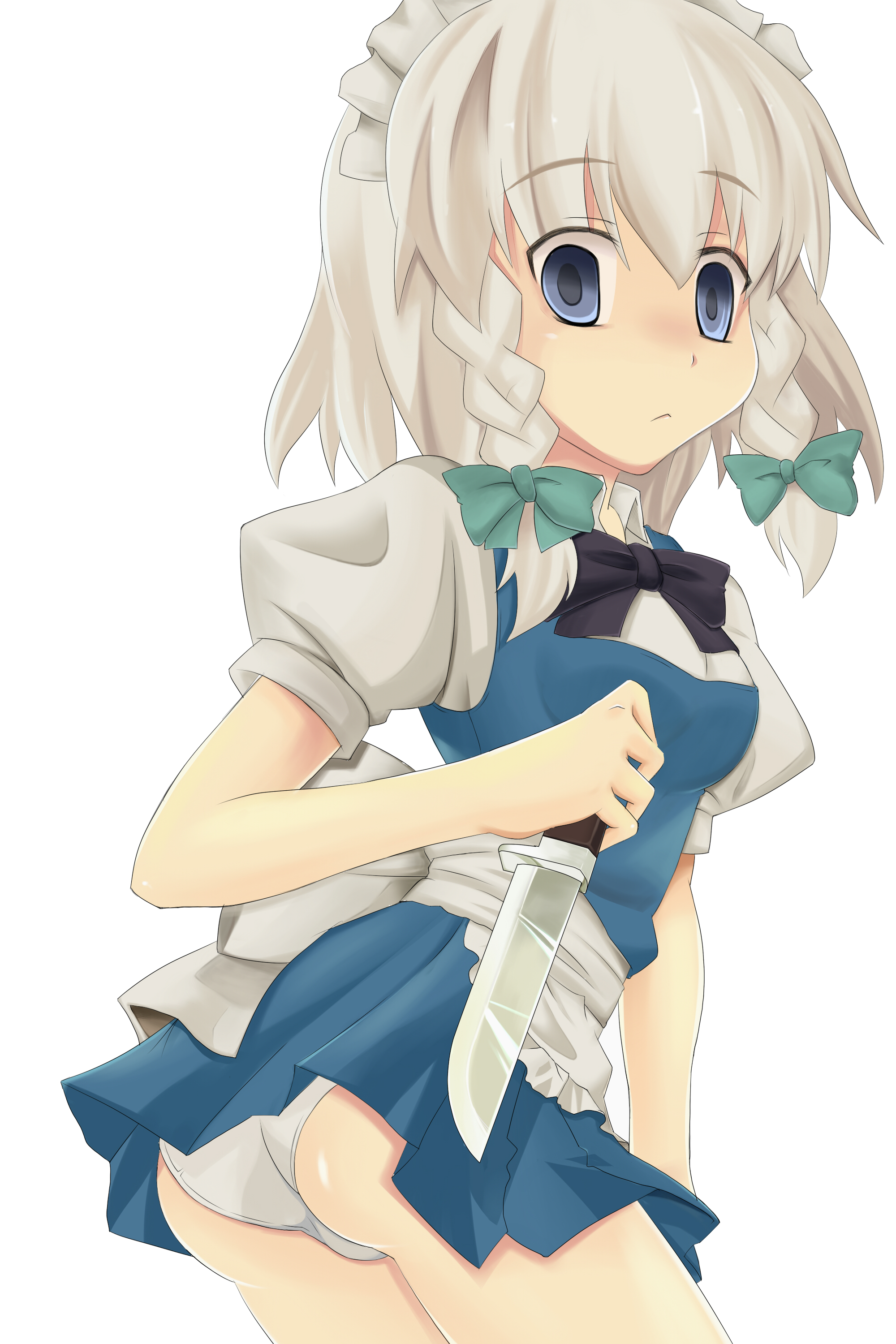 ohiza, izayoi sakuya, touhou, silver hair, absurdres, bad id, bad pixiv id, highres, 1girl, ass, blue eyes, bow, braid, female focus, hair bow, knife, maid, maid headdress, panties, short hair, simple background, solo, throwing knife, twin braids, underwear, weapon, white background, white panties