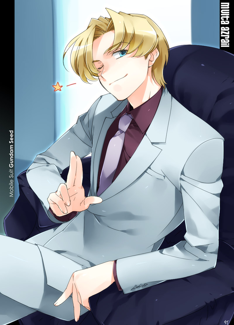 toujou sakana, muruta azrael, gundam, gundam seed, bad id, bad pixiv id, 00s, 1boy, blonde hair, blue eyes, chair, male focus, necktie, one eye closed, sitting, solo, star (symbol), waving, wink