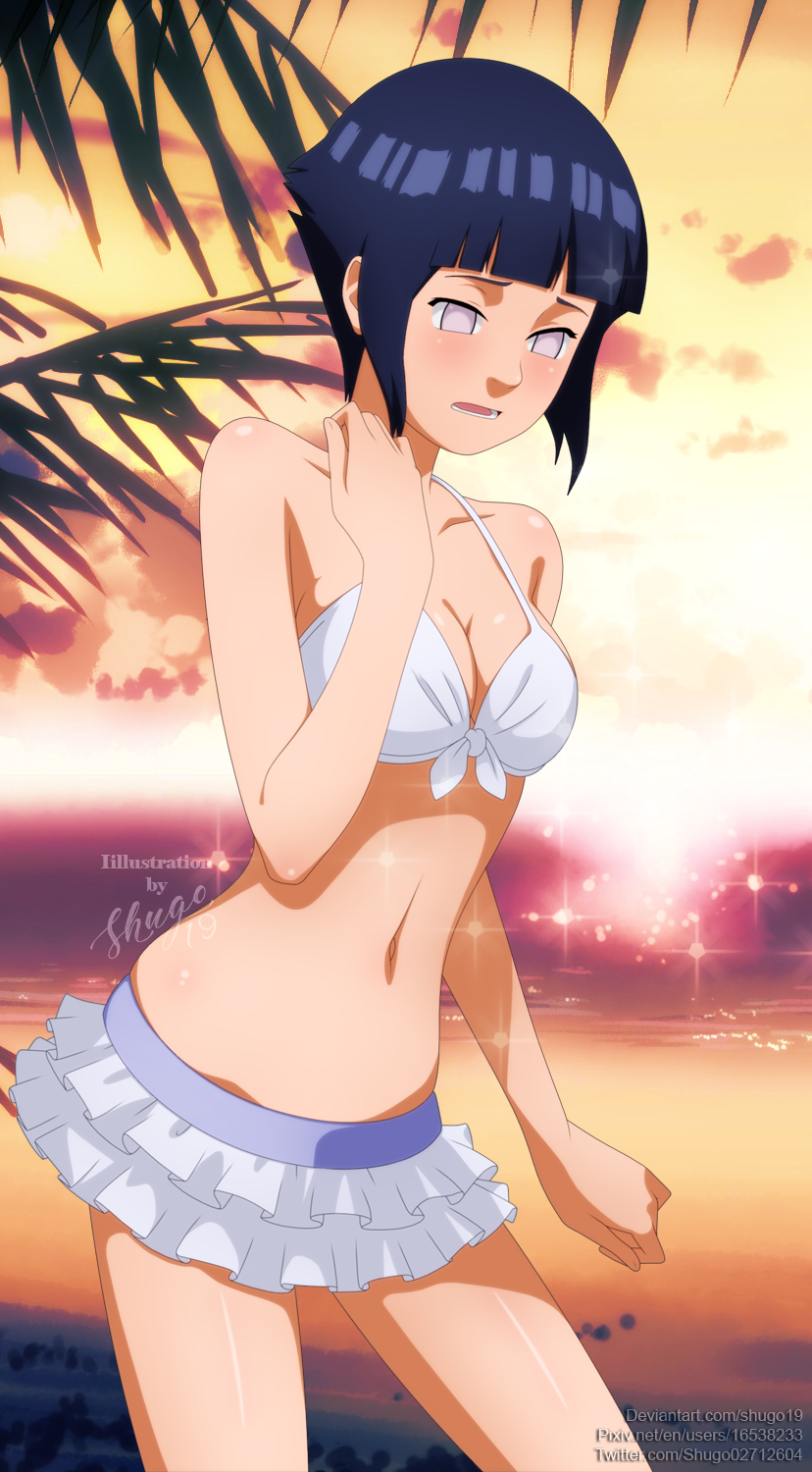hyuuga hinata, naruto (classic), naruto (series), 1girl, black hair, blush, bra, breasts, open mouth, short hair, solo, swimsuit, underwear