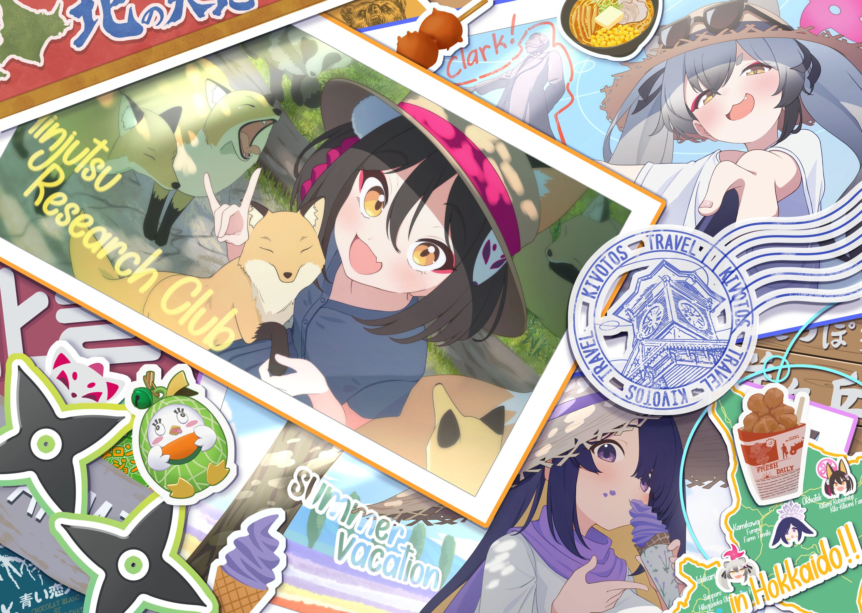 higashigure, izuna (blue archive), michiru (blue archive), tsukuyo (blue archive), blue archive, twitter, 3girls, alternate costume, animal ears, black hair, fox ears, multiple girls, purple hair