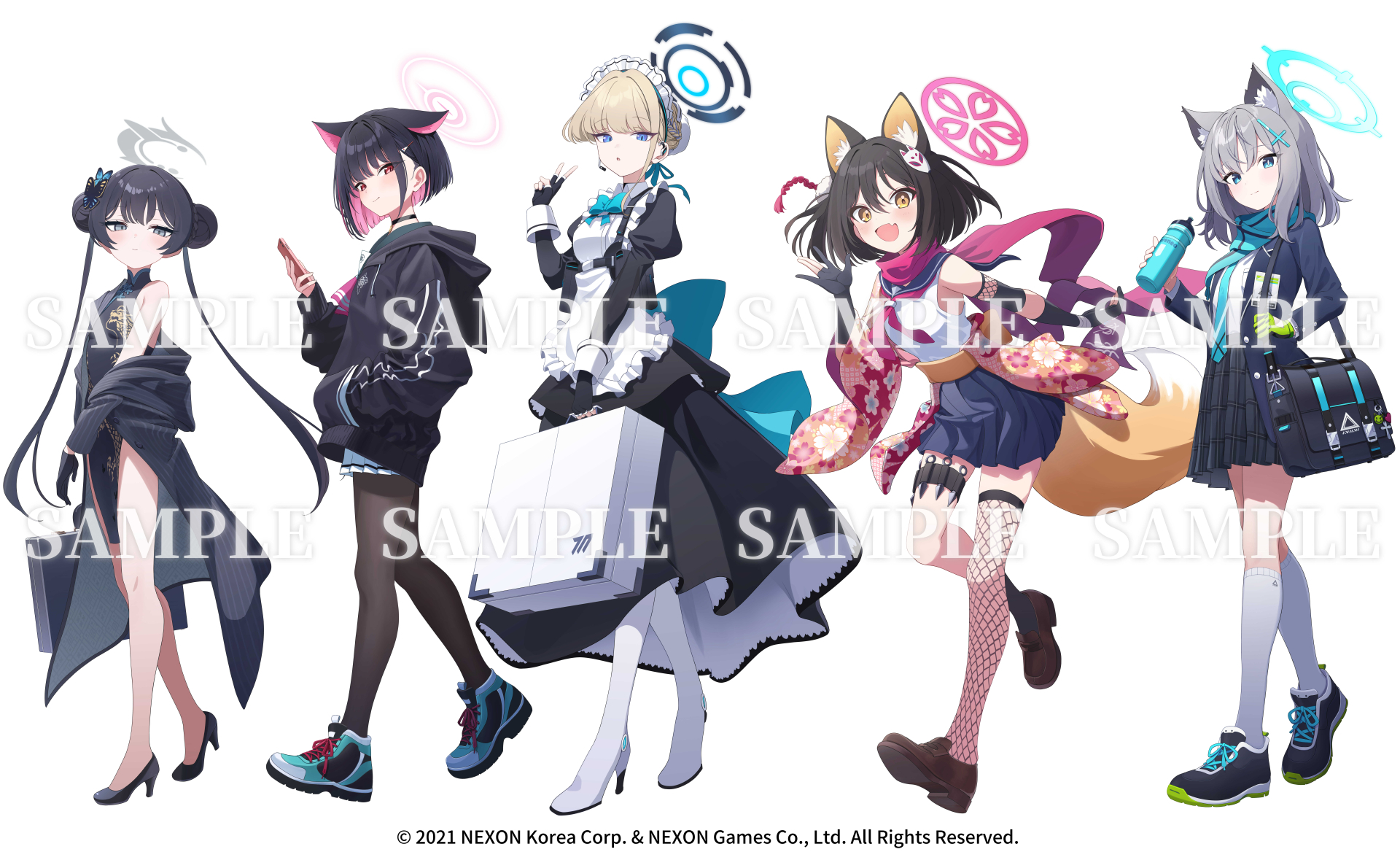 higashigure, izuna (blue archive), kazusa (blue archive), kisaki (blue archive), shiroko (blue archive), toki (blue archive), blue archive, 5girls, full body, looking at viewer, multiple girls, school uniform, simple background, white background