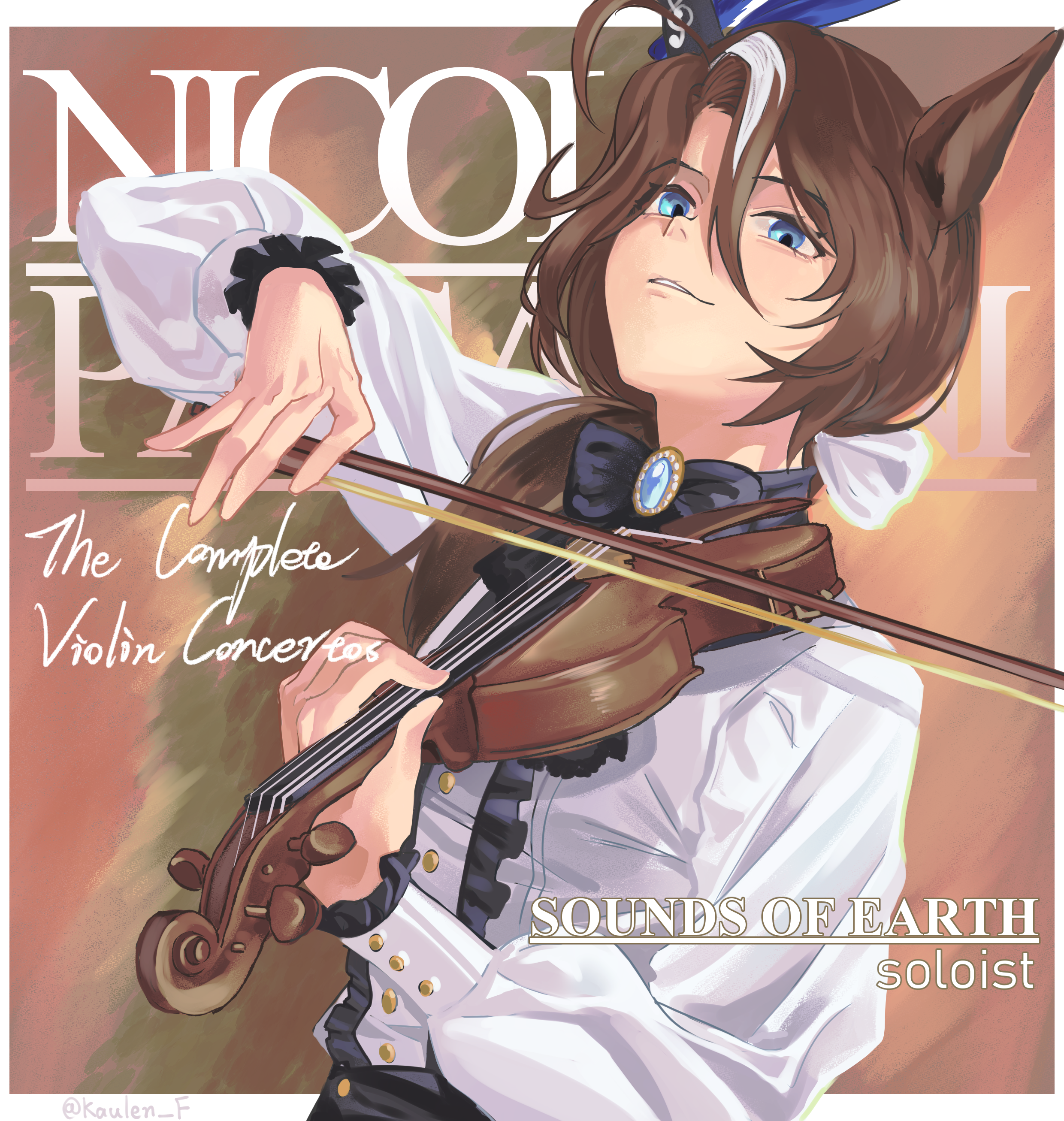 kaulen.f, sounds of earth (casual) (umamusume), sounds of earth (umamusume), umamusume, absurdres, commentary request, highres, 1girl, animal ears, black bow, black bowtie, blue eyes, bow, bow (music), bowtie, brown hair, buttons, center frills, double-breasted, ear covers, frills, hair between eyes, holding, holding bow (music), holding instrument, holding violin, horse ears, horse girl, instrument, long hair, long sleeves, looking at viewer, multicolored hair, parted lips, shirt, single ear cover, solo, upper body, violin, white shirt