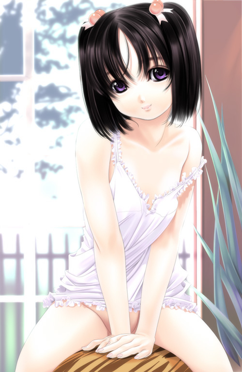 sumomo kpa, okami shizuka, bad id, bad pixiv id, 1girl, babydoll, black hair, chemise, female focus, hair bobbles, hair ornament, loli, no panties, sitting, solo, strap slip, twintails, window