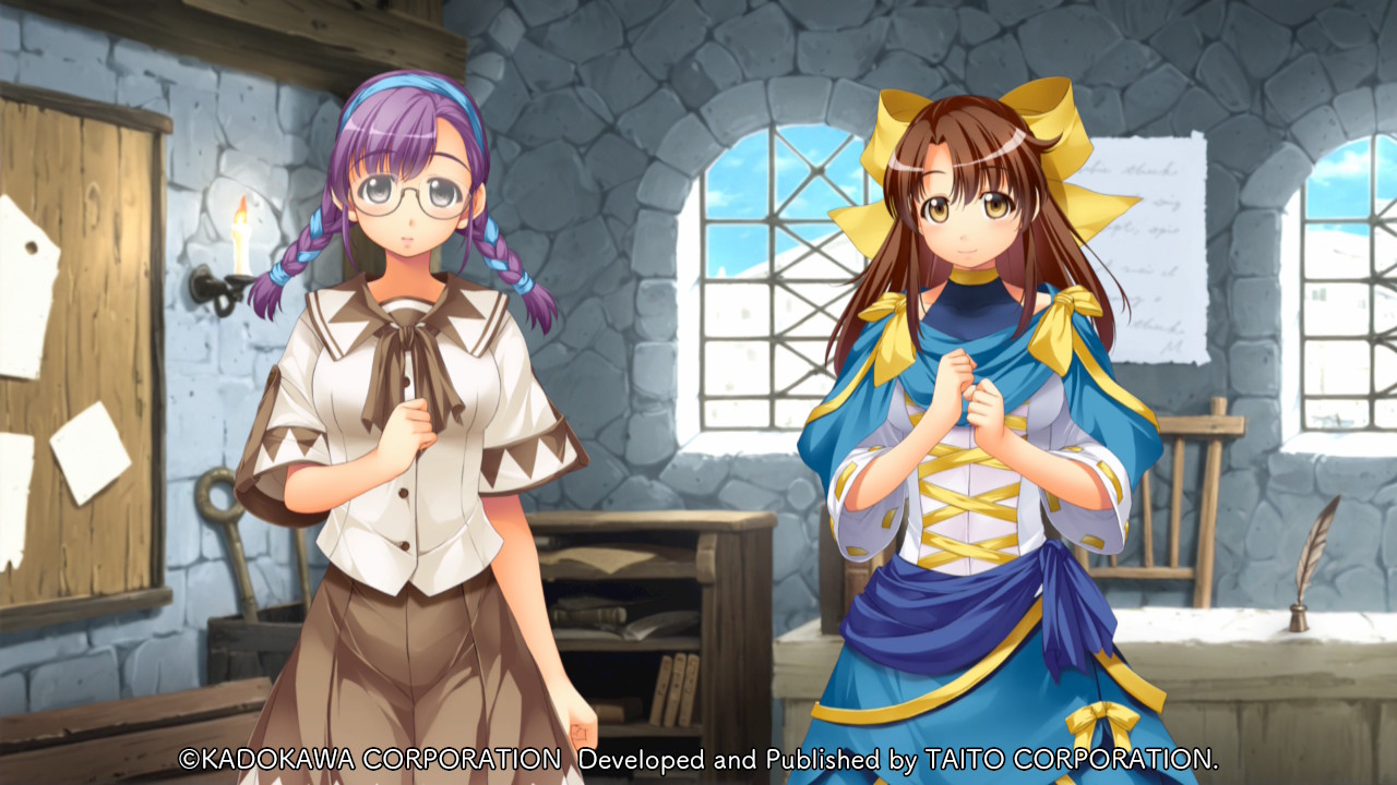 atelier-moo, cheryl christia, trisha foster, yuukyuu gensoukyoku, game cg, large variant set, non-web source, official art, variant set, 2girls, blue capelet, blue leotard, blue sash, blue skirt, bow, braid, breasts, brown eyes, brown hair, brown ribbon, brown skirt, candle, capelet, clenched hands, closed mouth, copyright name, copyright notice, curtained hair, day, glasses, grey eyes, hair bow, hairband, hand on own chest, hands on own chest, indoors, jacket, leotard, long hair, looking at viewer, low twin braids, medium breasts, multiple girls, purple hair, ribbon, ribbon-trimmed capelet, ribbon trim, sash, school uniform, short sleeves, side-by-side, skirt, smile, standing, stone wall, tareme, twin braids, white jacket, window, yellow bow, yuukyuu gensoukyoku revival