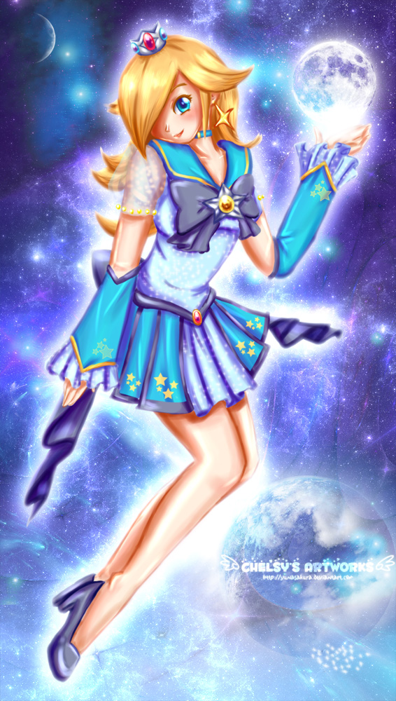 rosalina, bishoujo senshi sailor moon, mario (series), nintendo, super mario bros. 1, super mario galaxy, 1girl, blush, cosplay, female focus, hair over one eye, moon, smile, solo, space