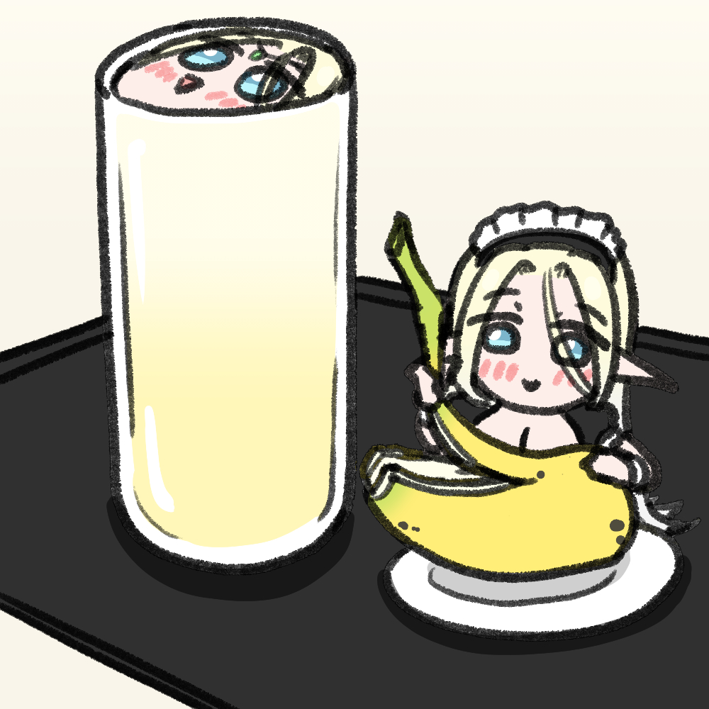 cerestia of life, last origin, commentary request, korean commentary, 1girl, alternate costume, banana, blonde hair, blue eyes, chibi, clooliss, elf, flying sweatdrops, food, fruit, glass, maid, maid headdress, mini person, minigirl, peeling, pointy ears, simple background, smile, solo, tray, triangle mouth