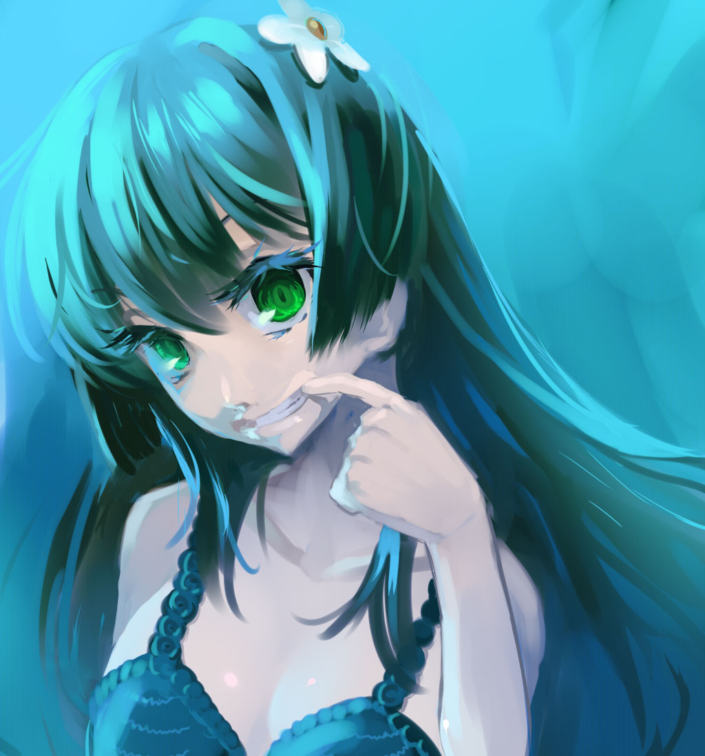 andou shuki, saten ruiko, toaru kagaku no railgun, toaru majutsu no index, 00s, 1girl, black hair, bra, breasts, female focus, fingersmile, flower, green eyes, grin, hair flower, hair ornament, lingerie, long hair, smile, solo, teeth, underwear