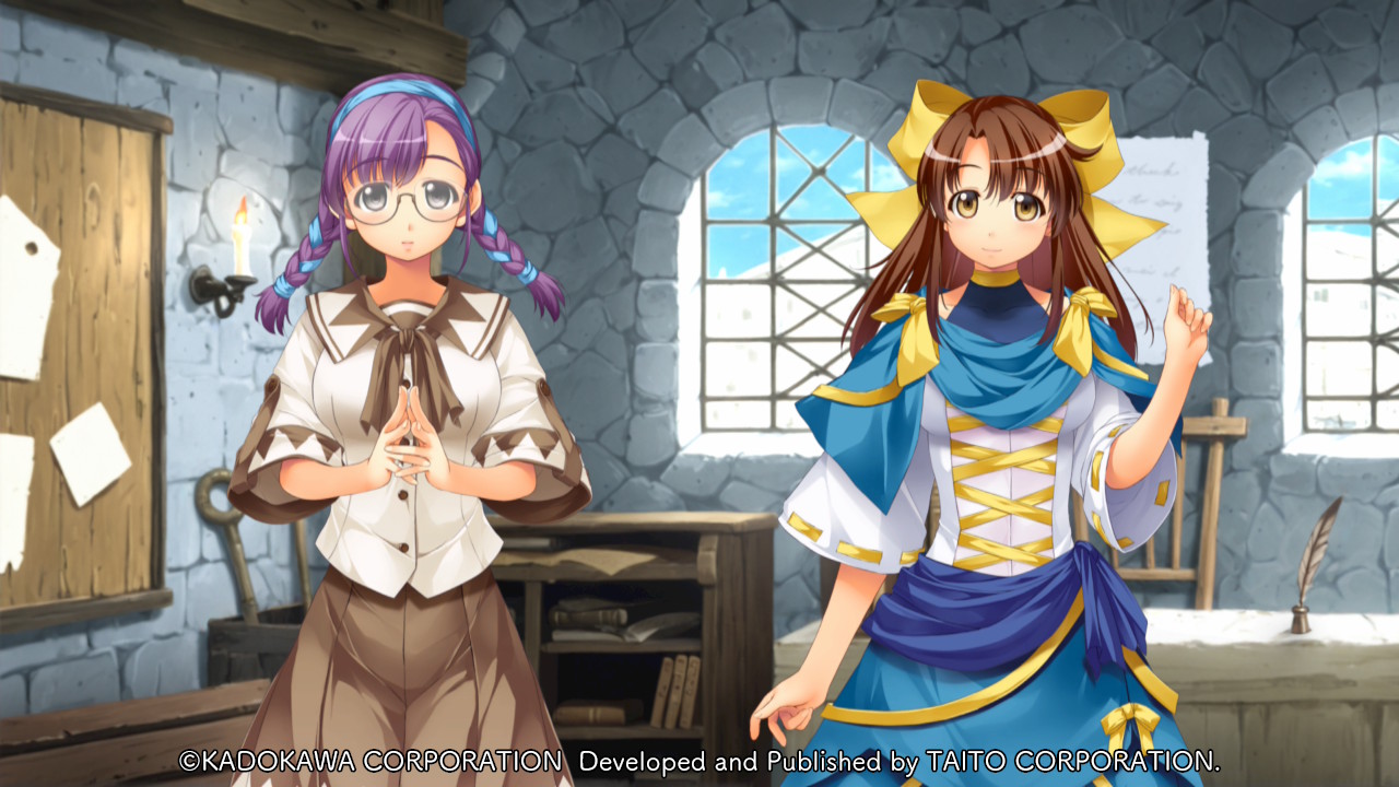 atelier-moo, cheryl christia, trisha foster, yuukyuu gensoukyoku, game cg, large variant set, non-web source, official art, variant set, 2girls, blue capelet, blue leotard, blue sash, blue skirt, bow, braid, breasts, brown eyes, brown hair, brown ribbon, brown skirt, candle, capelet, clenched hand, closed mouth, copyright name, copyright notice, curtained hair, day, glasses, grey eyes, hair bow, hairband, hand up, indoors, jacket, leotard, long hair, looking at viewer, low twin braids, medium breasts, multiple girls, purple hair, ribbon, ribbon-trimmed capelet, ribbon trim, sash, school uniform, short sleeves, side-by-side, skirt, smile, standing, steepled fingers, stone wall, tareme, twin braids, white jacket, window, yellow bow, yuukyuu gensoukyoku revival