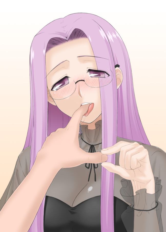 siseru samurai, medusa (fate), medusa (rider) (fate), fate/stay night, fate (series), finger in mouth, md5 mismatch, 00s, 1girl, blush, breasts, casual, cleavage, eyes visible through hair, finger sucking, formal clothes, glasses, large breasts, long hair, pov, purple eyes, purple hair, saliva, saliva trail, see-through clothes, simple background, solo focus, square pupils, teeth, tongue